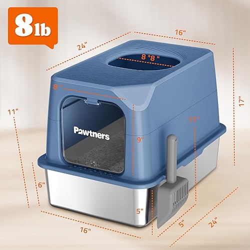 Pawtners Stainless Steel Cat Litter Box, XL Extra Large Kitty Litter Pan, Front Entry Top Exit Enclosed Metal Cat Toilet for Odor Control with Removable Lid & Scoop, Anti-Leakage, Easy to Clean(Blue)