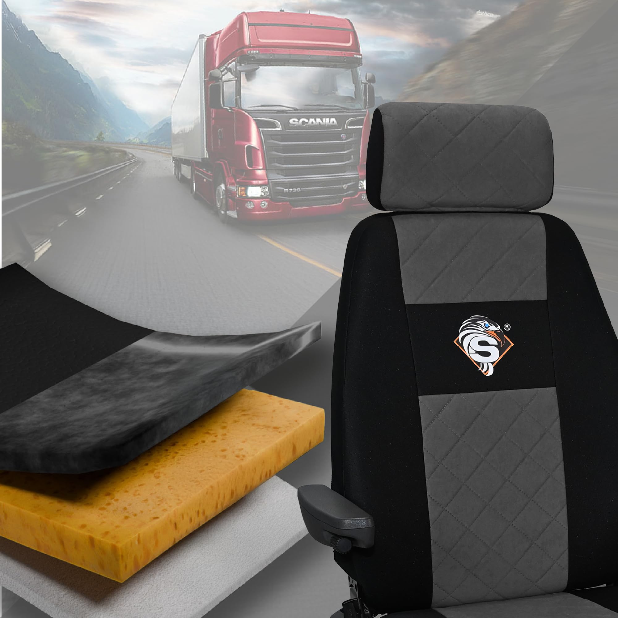 SABA Coprisedile per SCANIA Serie R dal 2004, 1+1, sedili vari, 1 cintura di sicurezza, sedile conducente BASE - CONFIGURAZIONE A Grigio Accessori di Protezione per Sedili di Camion