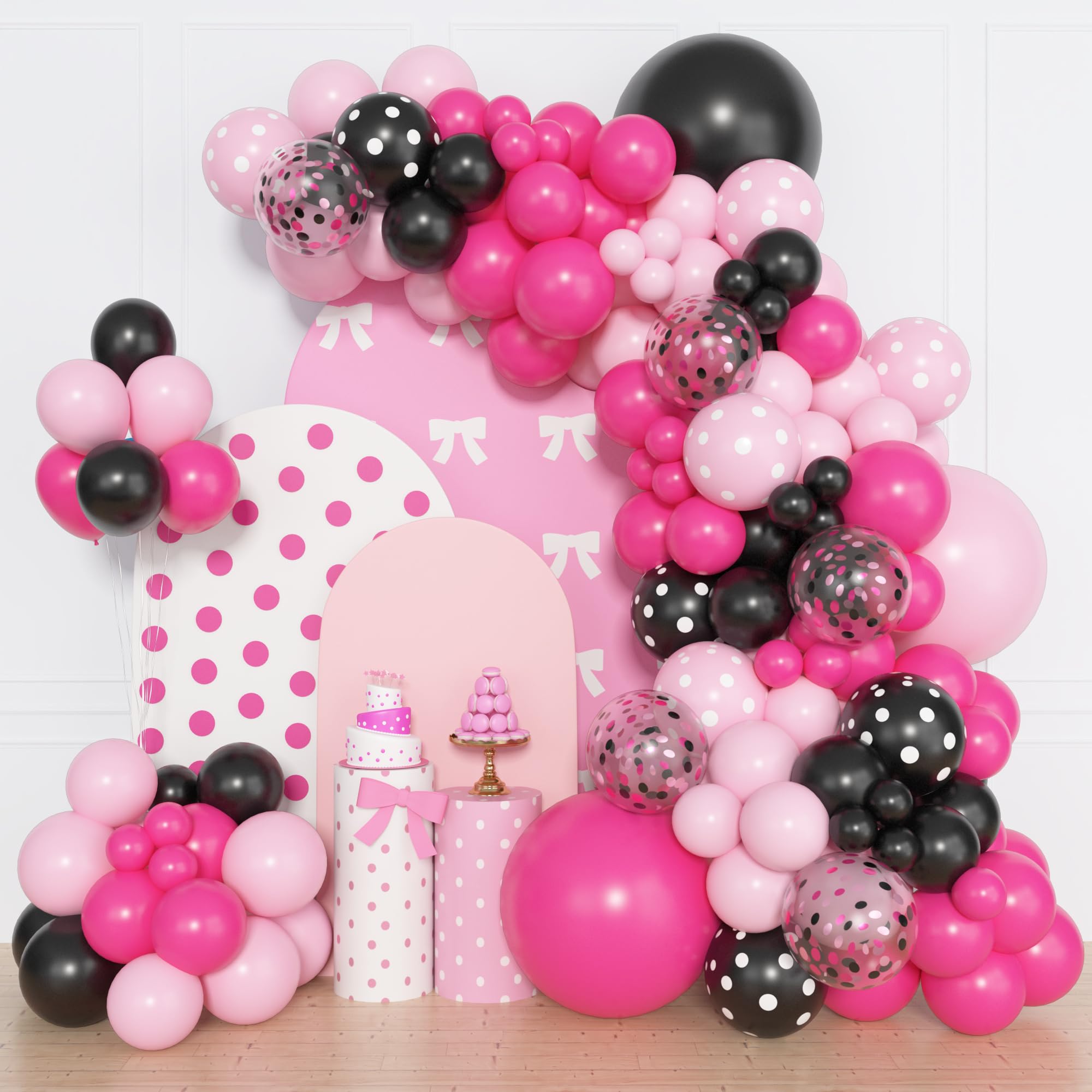 Amandir 153pcs Pink Black Balloon Garland Arch Kit, Different Sizes 18 12 10 5 inch Pink Black Latex Dot Confetti Balloons for Girl Cartoon Mouse