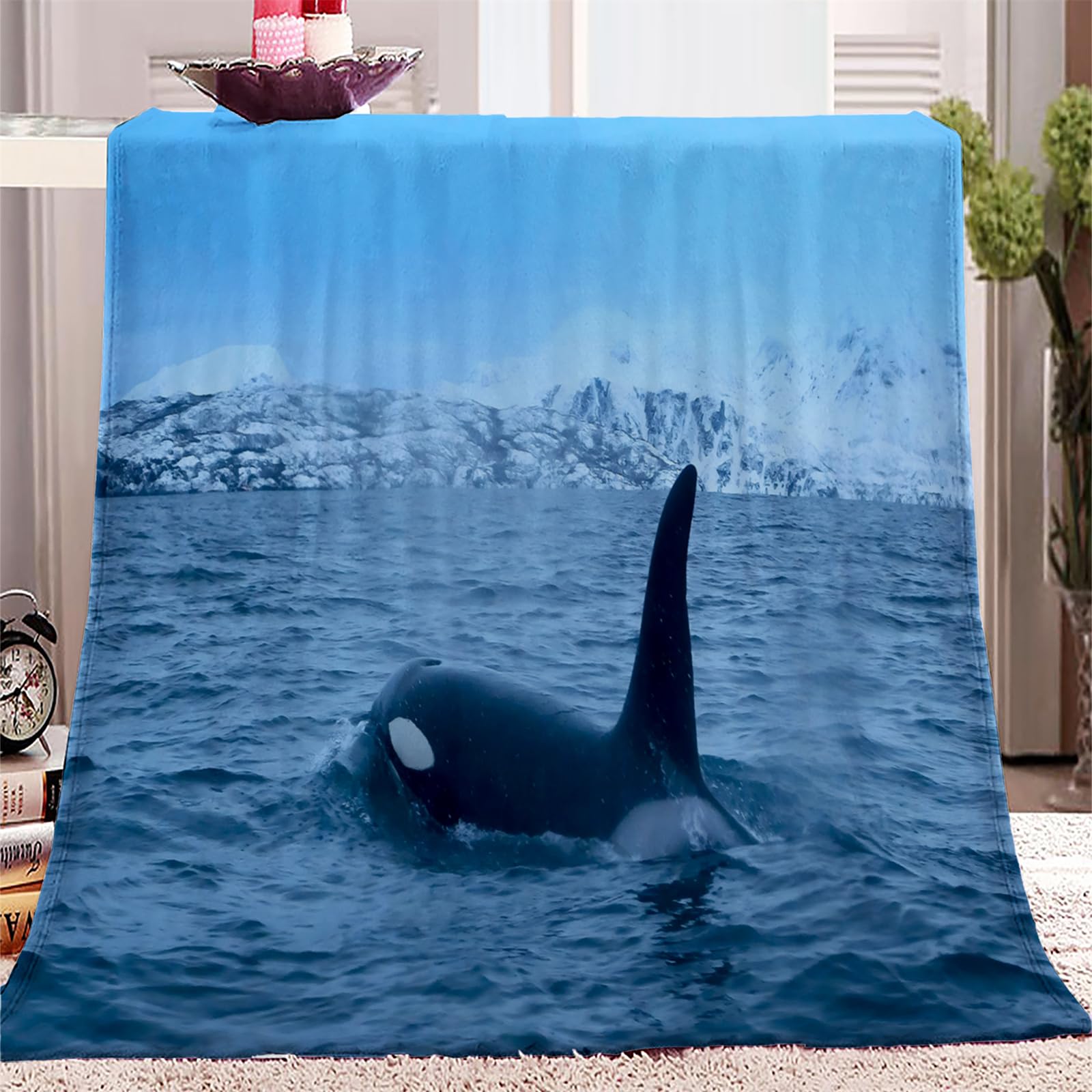 CozyRest Throw Blanket 51x59 inch, Soft Flannel Animal Killer Whale Pattern Fleece Blanket for Adults and Kids Plush Bedding, Ocean Blanket for Better Sleep Sherpa Throw Blanket for Travel Sofa