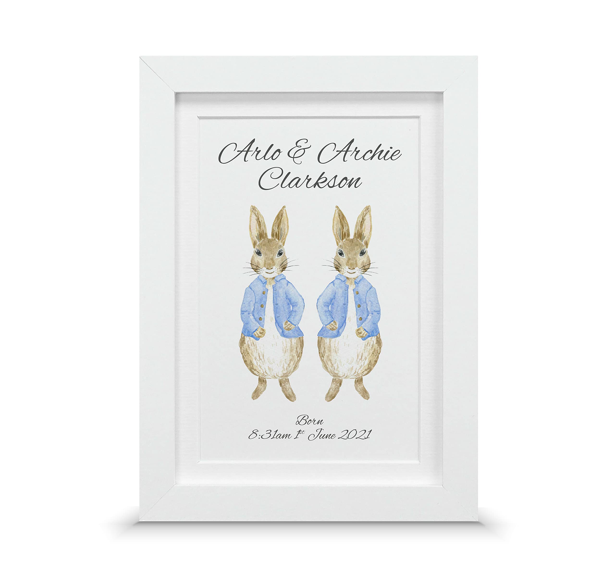 Gift for newborn twins | New baby rabbit keepsake (A5-21x15cm, Print & Standard Frame)