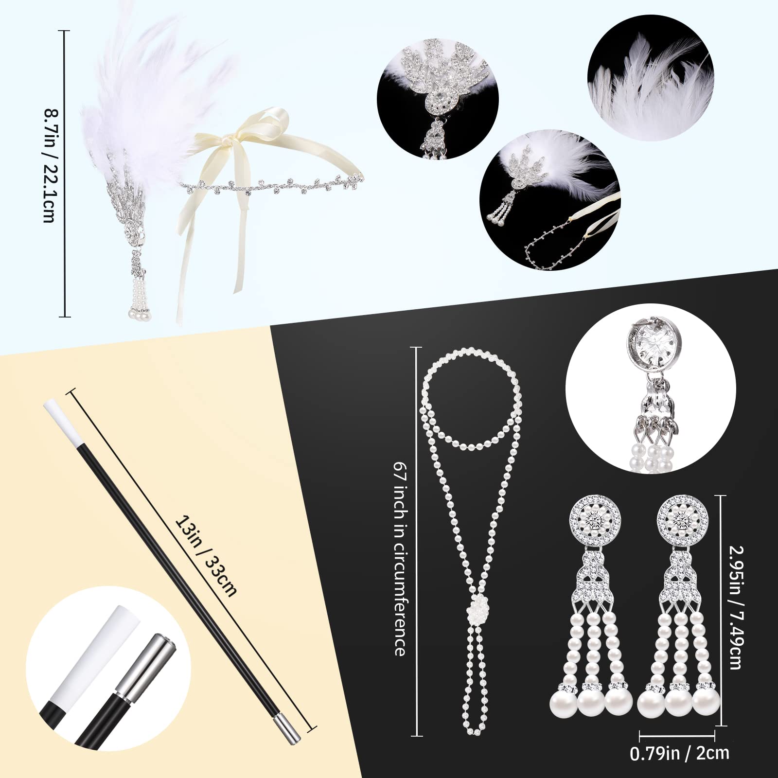 6 Pieces 1920s White Flapper Accessories Set for Women 20s Flapper Headband Pearl Necklace Earrings Feather Boa Feather Fan