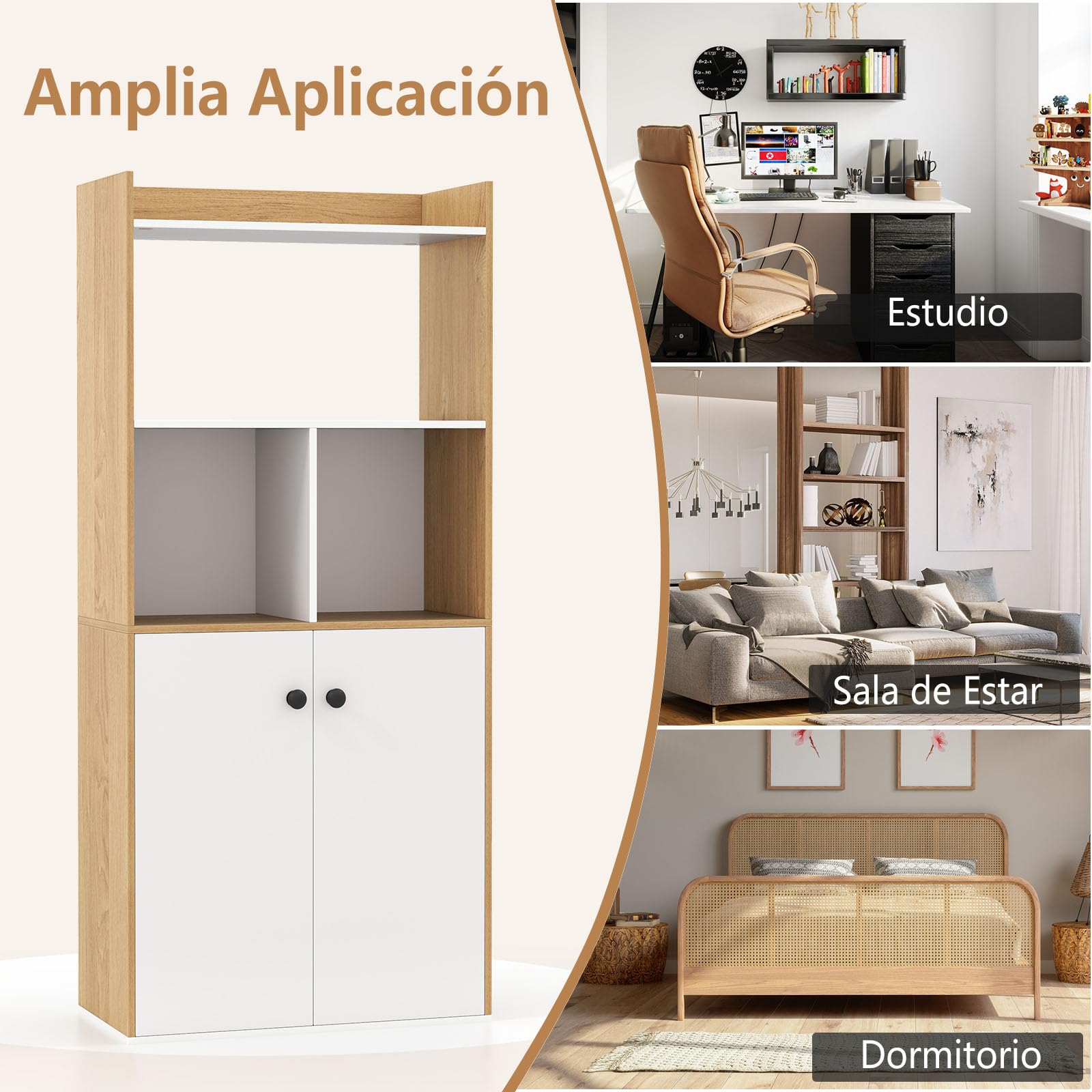 COSTWAY Estantería para Libros, Librería con Gabinete de 2 Puertas, Estantería Alto de 3 Niveles, Almacén Cocina para Sala de Estar, Dormitorio, Estudio, Cocina, 60 x 30 x 133 cm (Blanco y Natural)