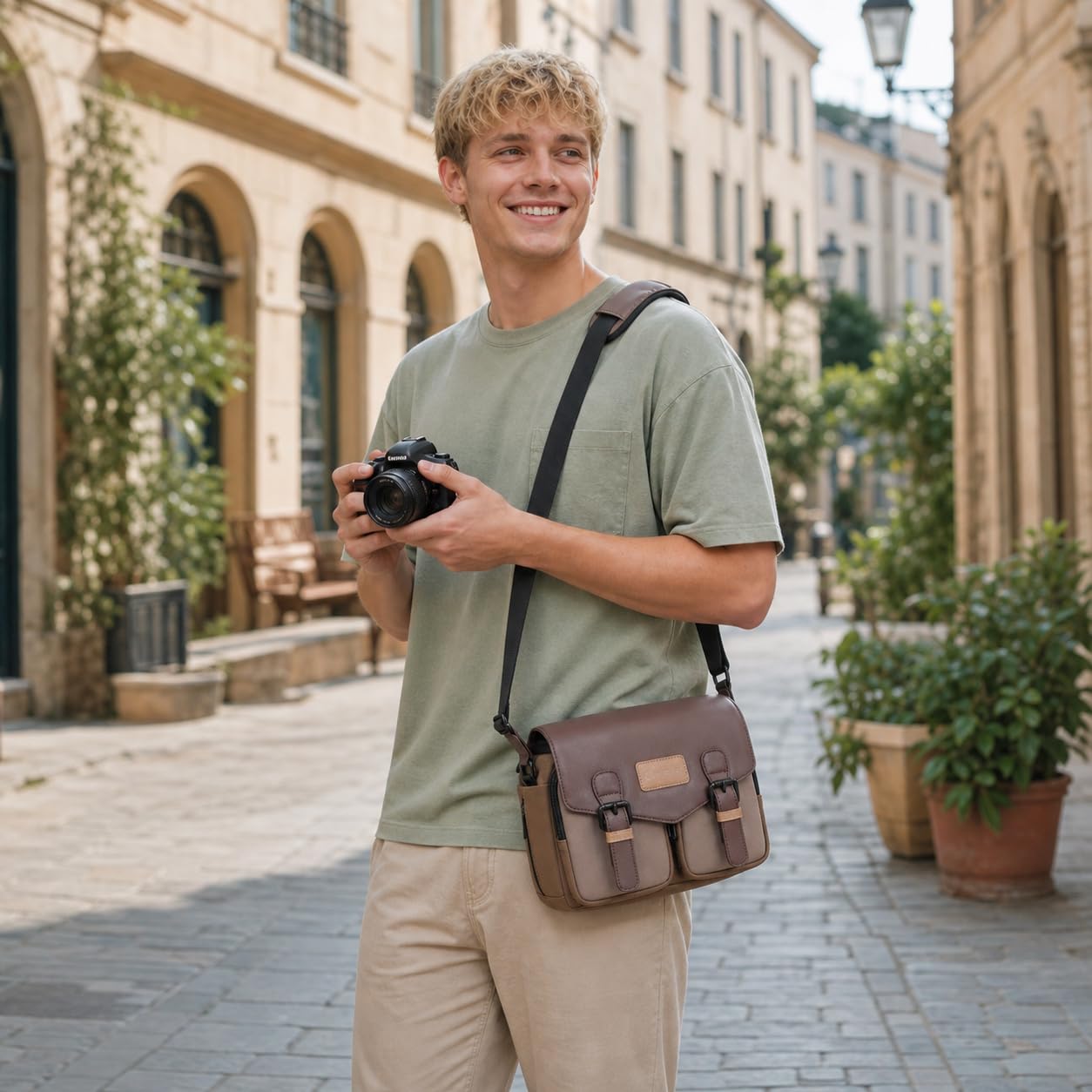 Cwatcun Borsa a tracolla per fotocamera compatta, piccola borsa a tracolla impermeabile con supporto per treppiede, borsa da viaggio per fotocamera DSLR/SLR/fotocamera mirrorless, marrone, M, Custodia