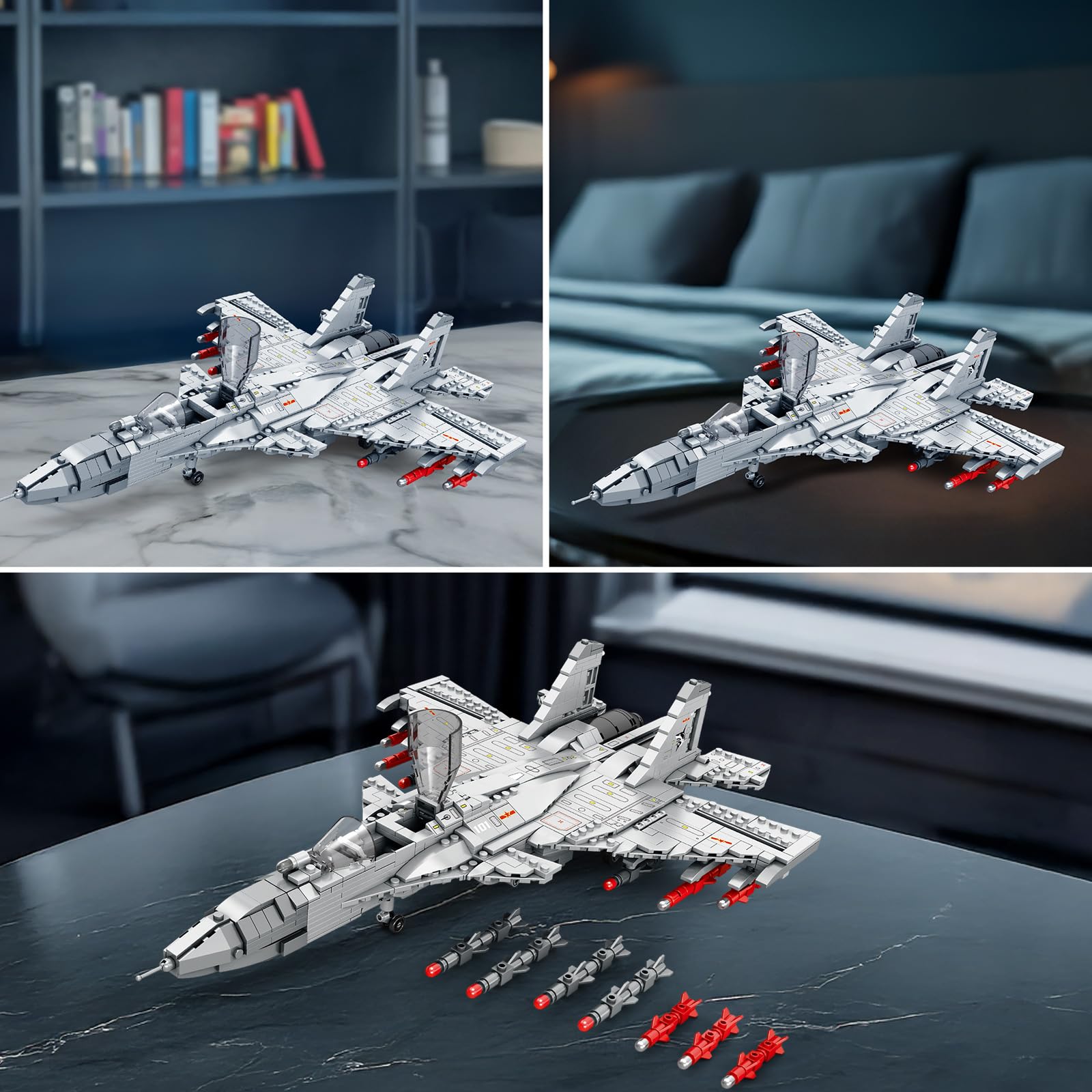 Reobrix J-15 Fighter Jet - Juego de construcción de avión militar con alas móviles, combate de un solo asiento 33028, kits de modelos de exhibiciones, regalo para adultos