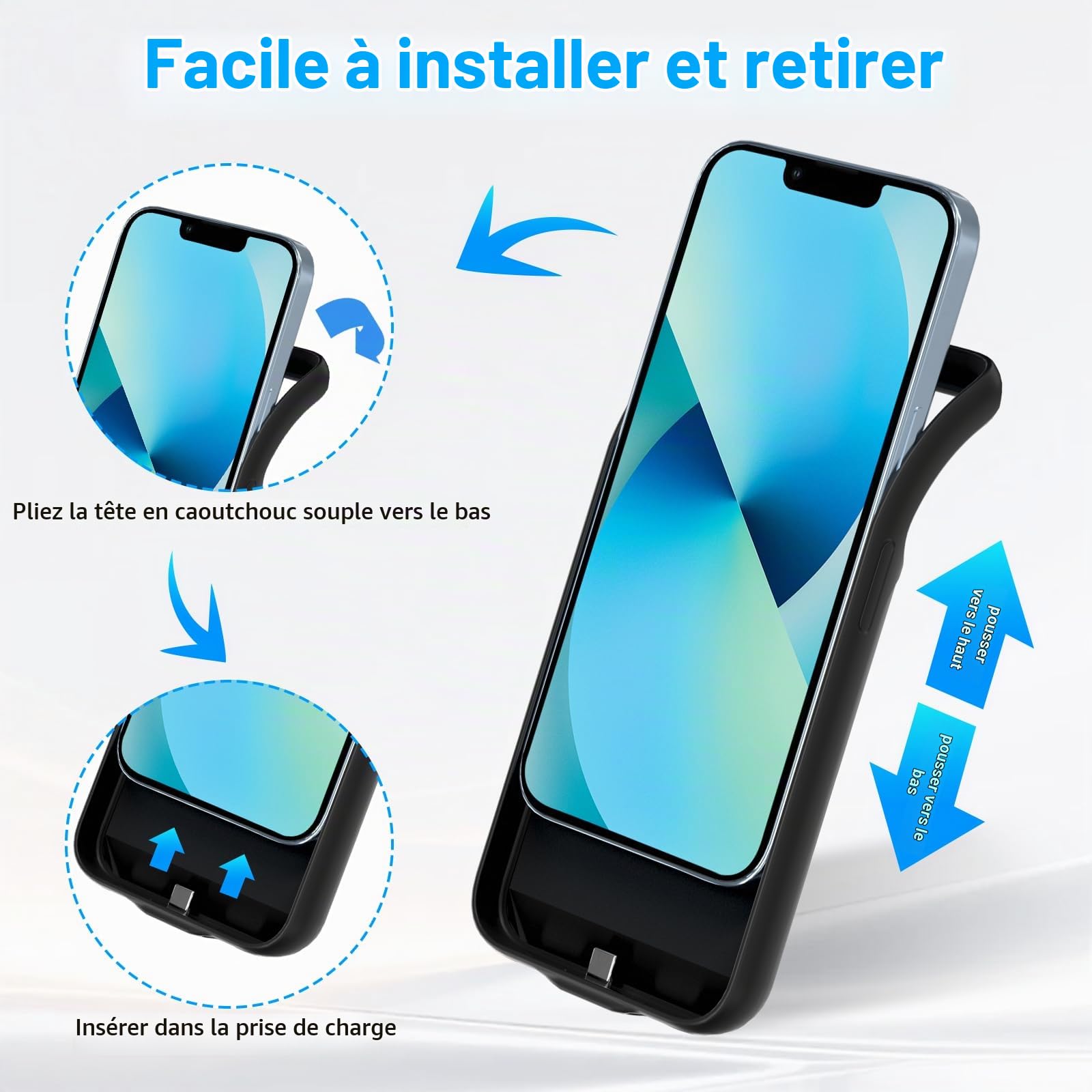 Coque de protection pour iPhone 13 (6,1 "), 8500 mAh, chargeur portable ultra fin, batterie étendue, chargeur de téléphone et coque de protection avec fonction de charge pour iPhone 13 - Noir
