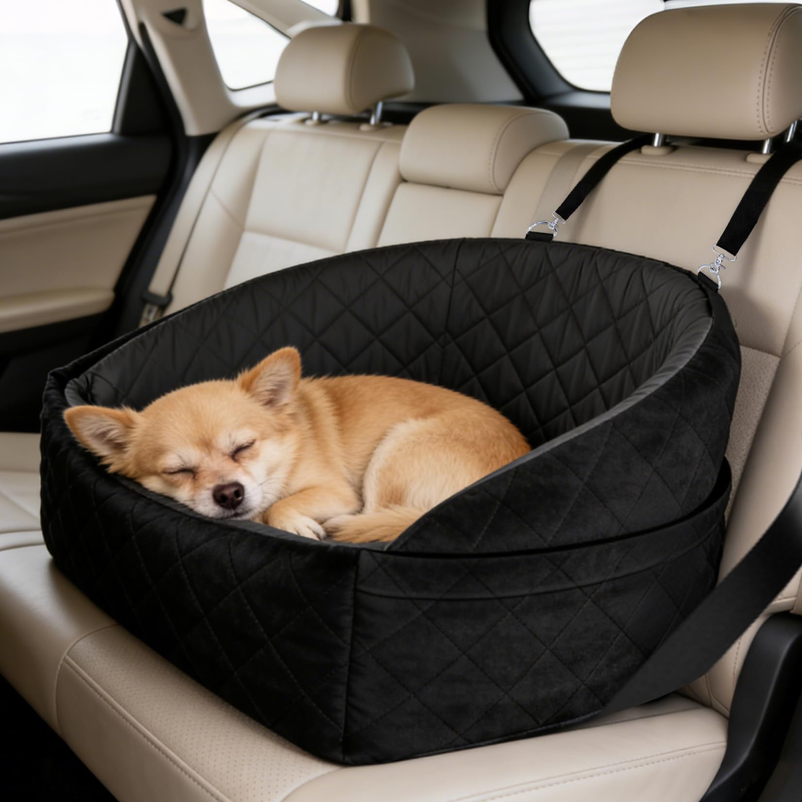 Dog Car Seat for Small Dogs up to 30 lbs, Versatile Travel Bed Booster for Car Front/Back Seats, Fully Detachable & Washable, with 2 Storage Pockets (Black/Gray)