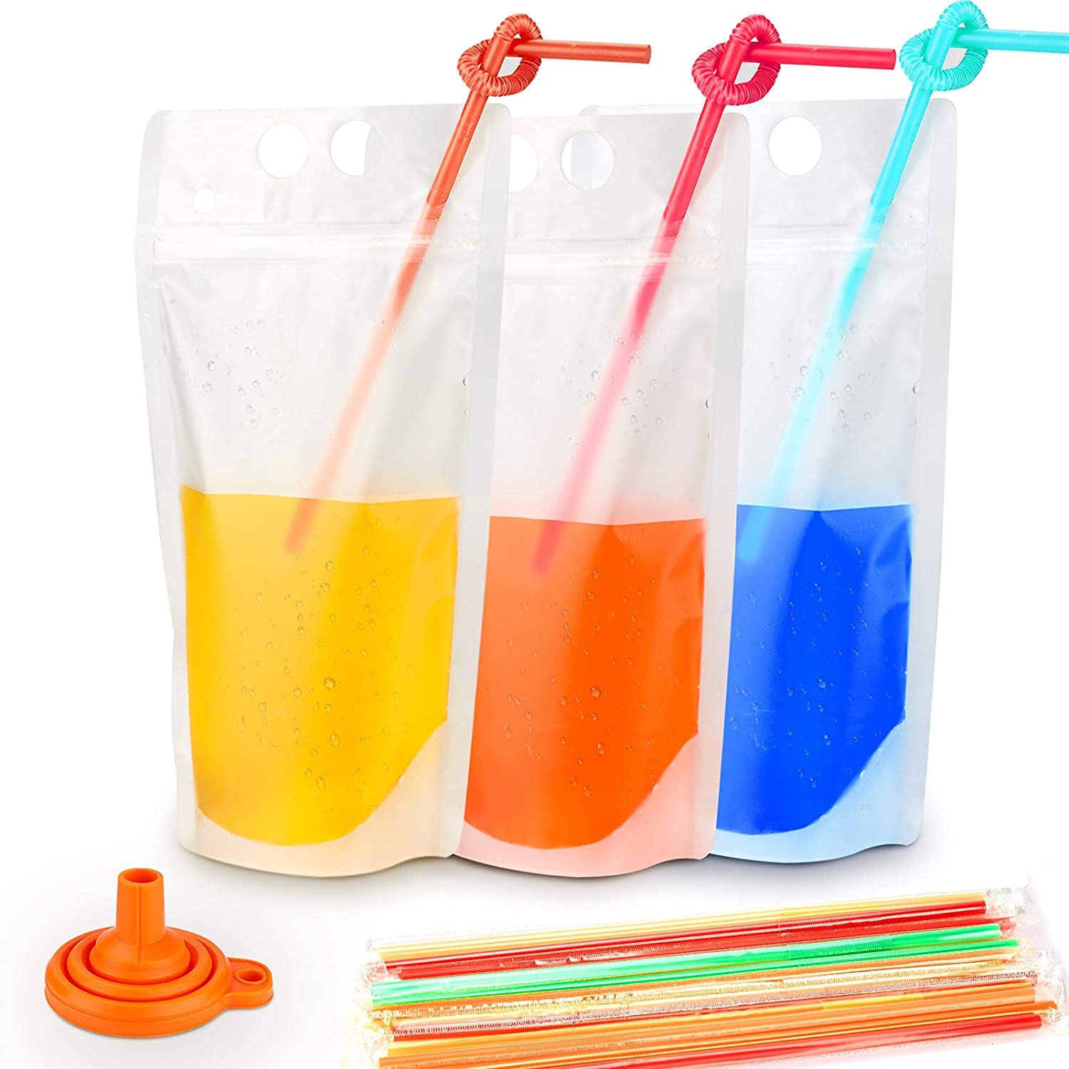 KASTWAVE 100 Cooler Bags, Juice Bag With Straw, Frozen Juice Bag Diy Portable Translucent, Sealed Zipper Beverage Bag With Silicone Funnel-17 Ounces (Approximately 481.9 g)