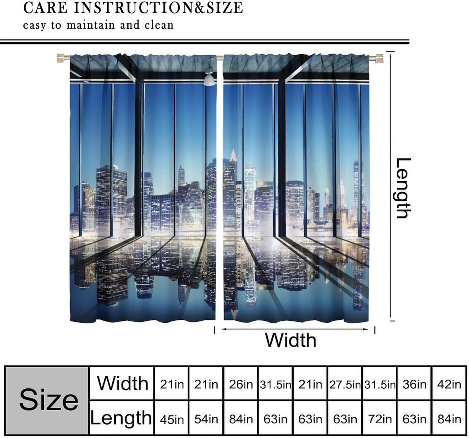 City Blackout Window Curtains, NY City Night Scenery Skyscrapers Buildings Rod Pocket Window Drapes for Bedroom Living Room Cafe 42" W X 45" L