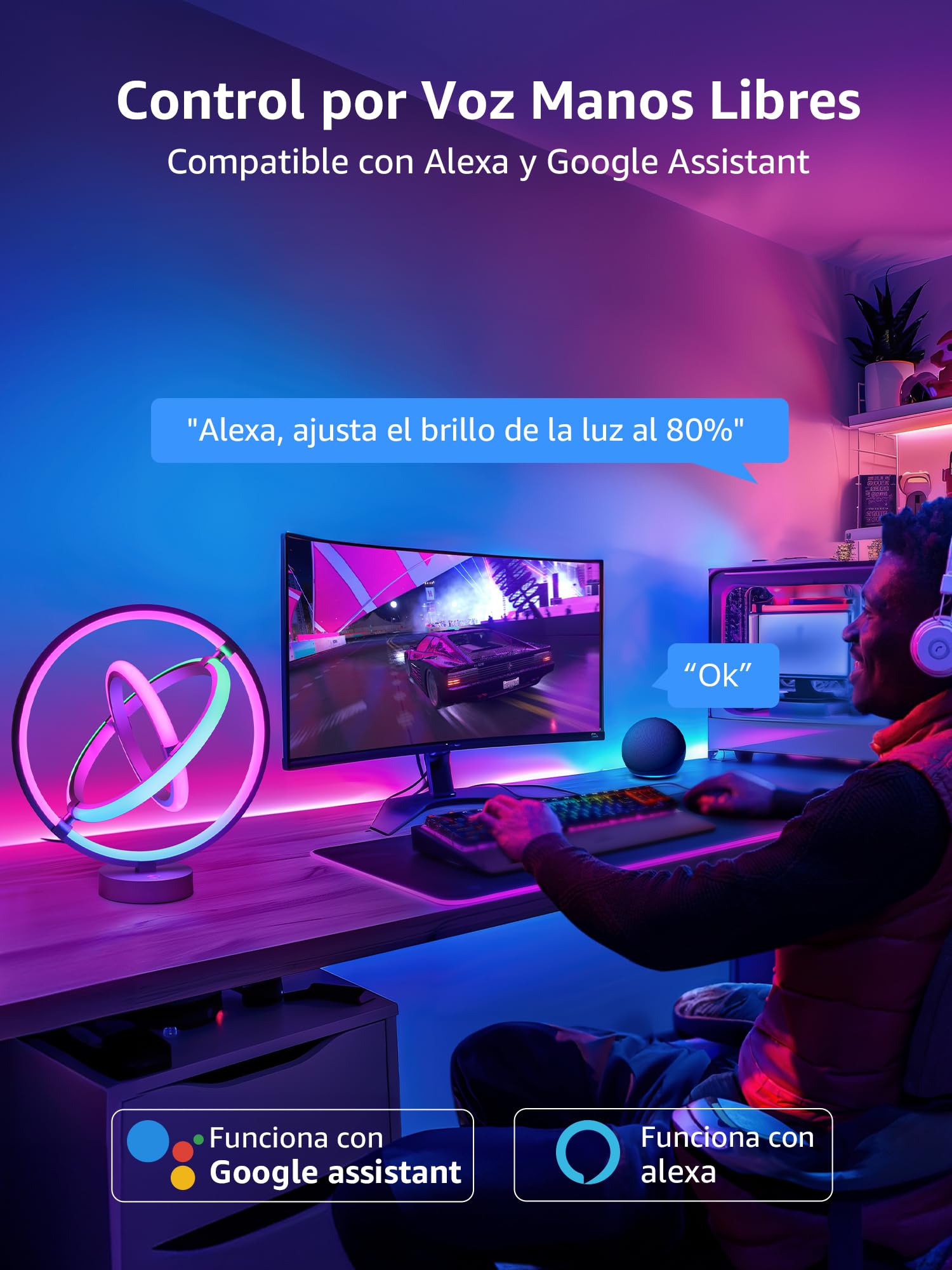 Lepro TB1 AI Lámpara de Mesa Inteligente, Lámpara de Noche Moderna MagicColor, Sync de Música y Control de Voz, Funciona con Alexa y Google Assistant, Diseñador de Iluminación AI Personalizado