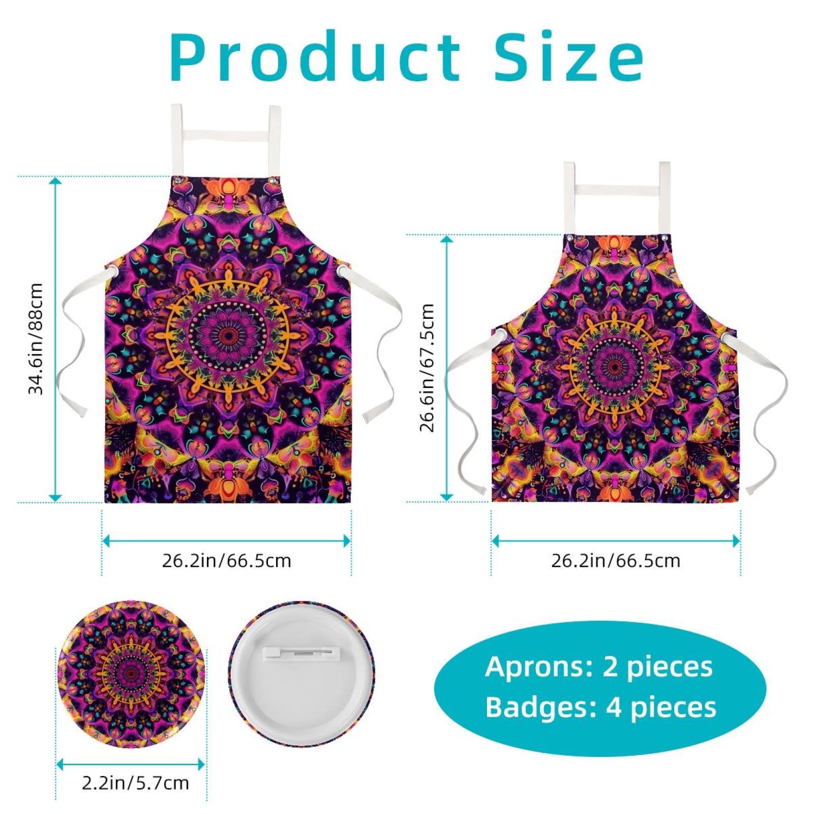 Lot de 2 tabliers de cuisine en lin pour homme et femme - Motif mandala psychédélique - Avec 2 poches réglables - Violet, Mandala psychédélique hippie violet,