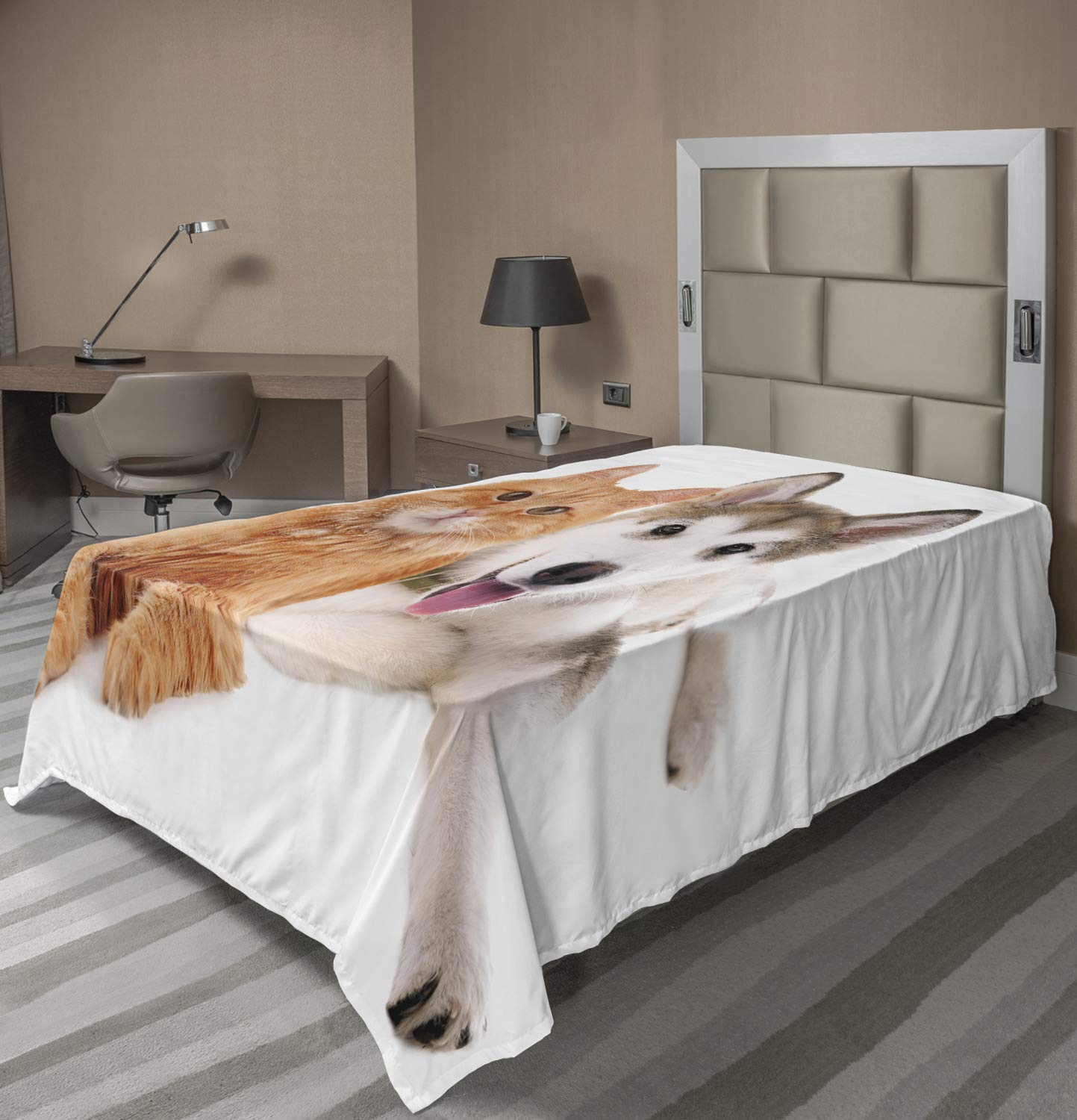 Lunarable Cute Flat Sheet, Dog and Cat Lying Together on White Background Friends Furry Domestic Animals, Soft Comfortable Top Sheet Decorative Bedding 1 Piece, Twin Size, Orange White