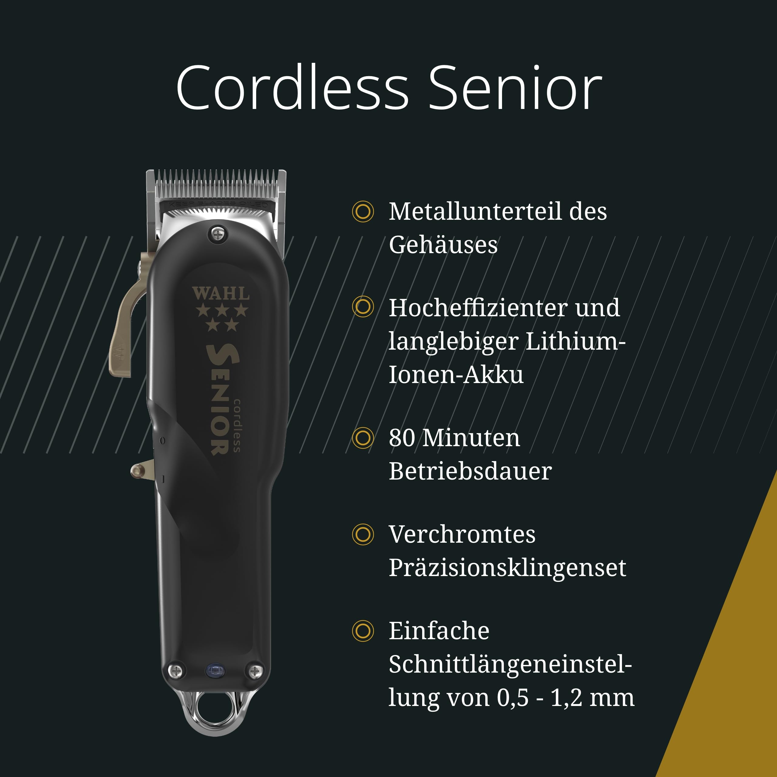 Wahl Cordless Senior - Professioneller Netz-/Akku-Haarschneider - Leistungsstarker und schneller Haarschneider für präzises Fading und engeres Schneiden | Kabelloser Profi-Haarschneider, chirurgische Fading-Klinge, dichtes Haar, 80 Minuten Laufzeit, 3 Auf