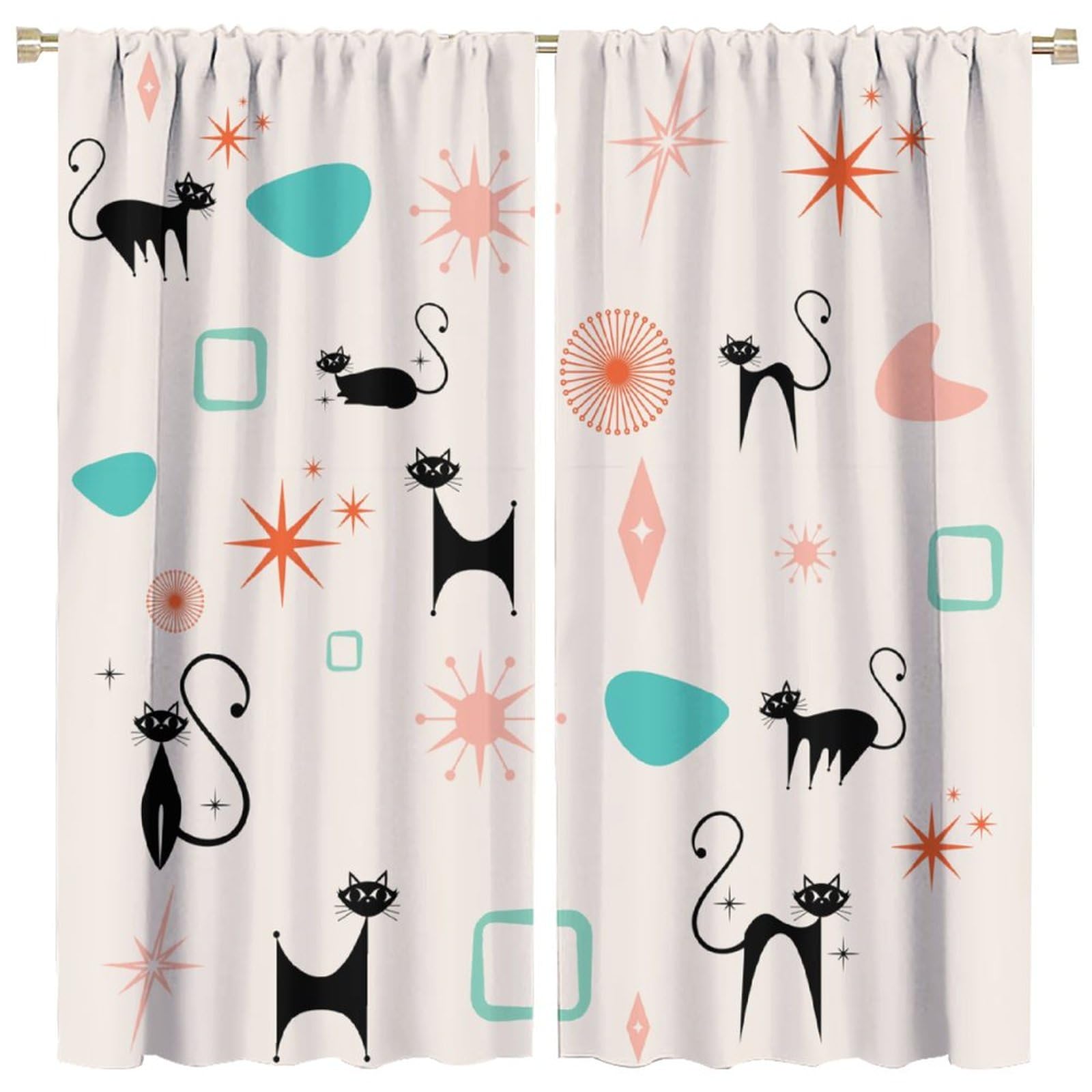 HZOHNAGO Mid Century Black Cat Curtains Abstract Vintage Geometric 1950s 60s Style Blackout Print Rod Pocket Window Drapes for Bedroom Living Room 63x63in