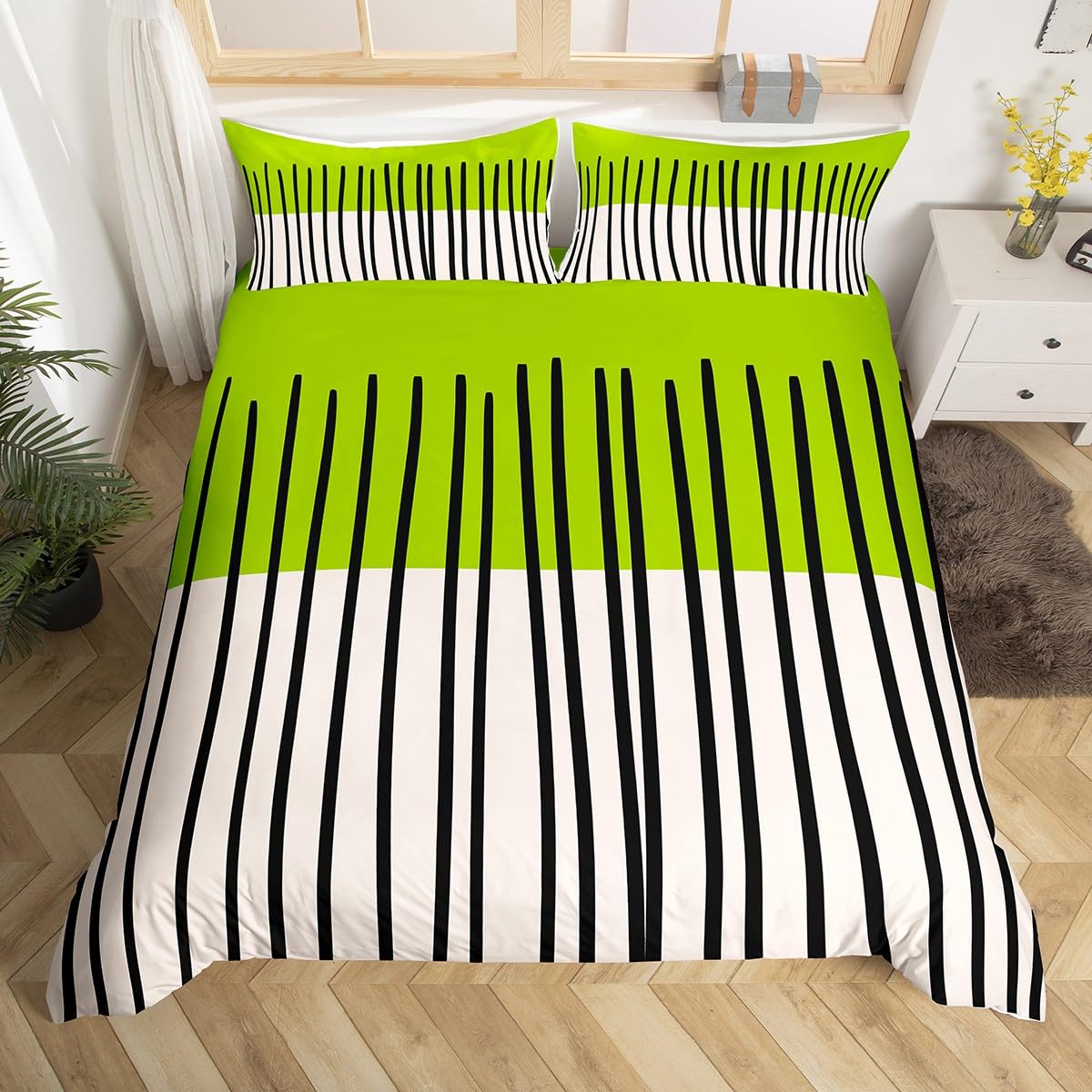 Homewish Lime Green White Geometric Cot Duvet Cover Set - Abstract Black Vertical Striped Bedding with 1 Pillowcase - Mid-Century Art Deco Microfiber Quilt Cover Modern Stylish Bed Sets