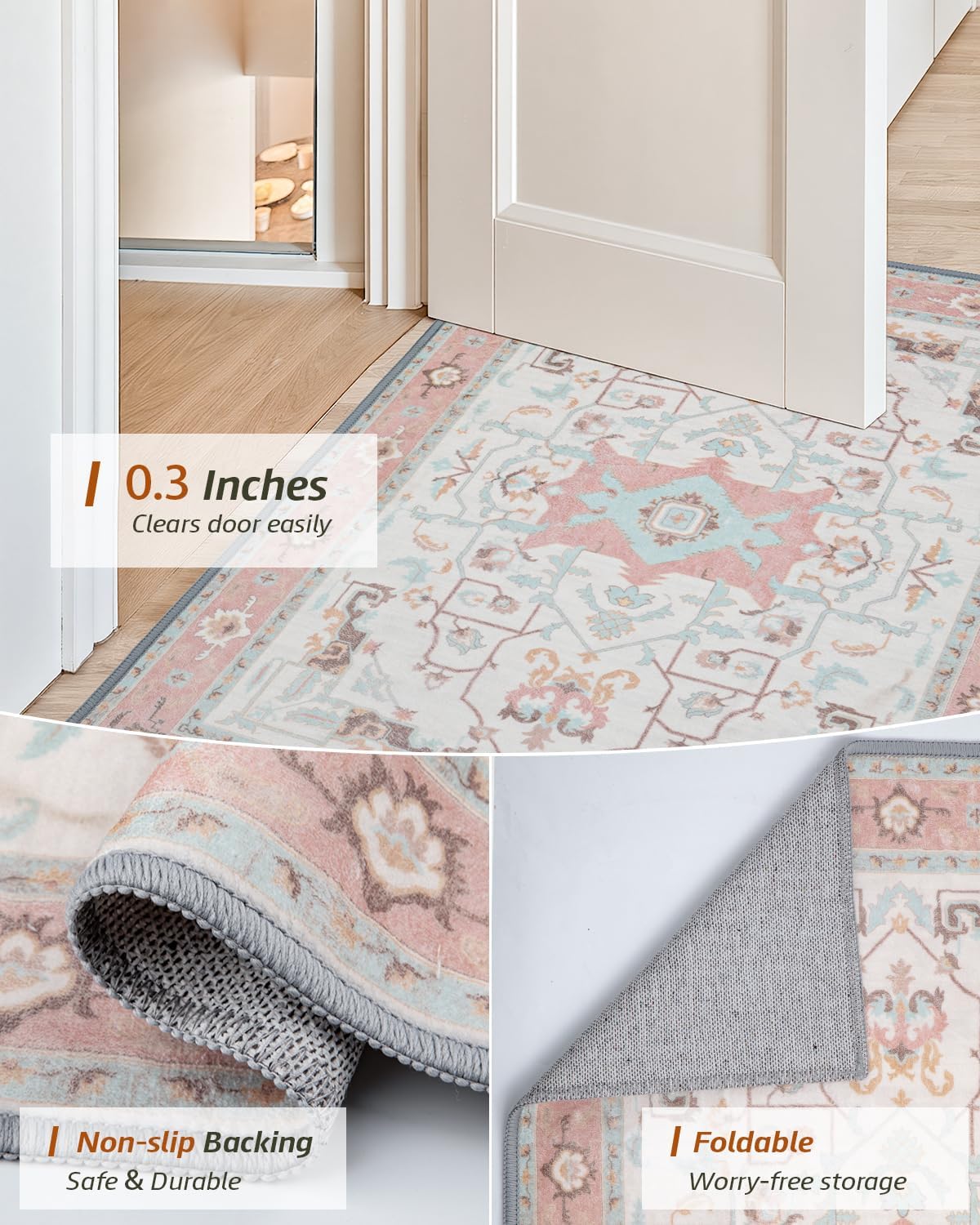 MINIDEAR 2x6 Runner Rugs for Entryway, Kitchen Rug, Washable Rugs for Bedroom Non Slip Vintage Rug with Floral Print Carpet Mat for Home, Pink
