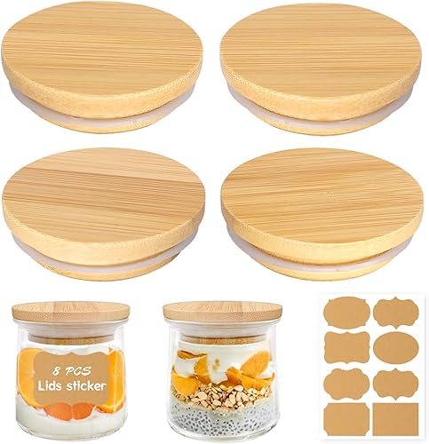 Lamnhin Oui - Tarros de yogur - Paquete de 4 tapas de madera de bambú natural con sellos de silicona y etiquetas para botellas para tarros de yogur