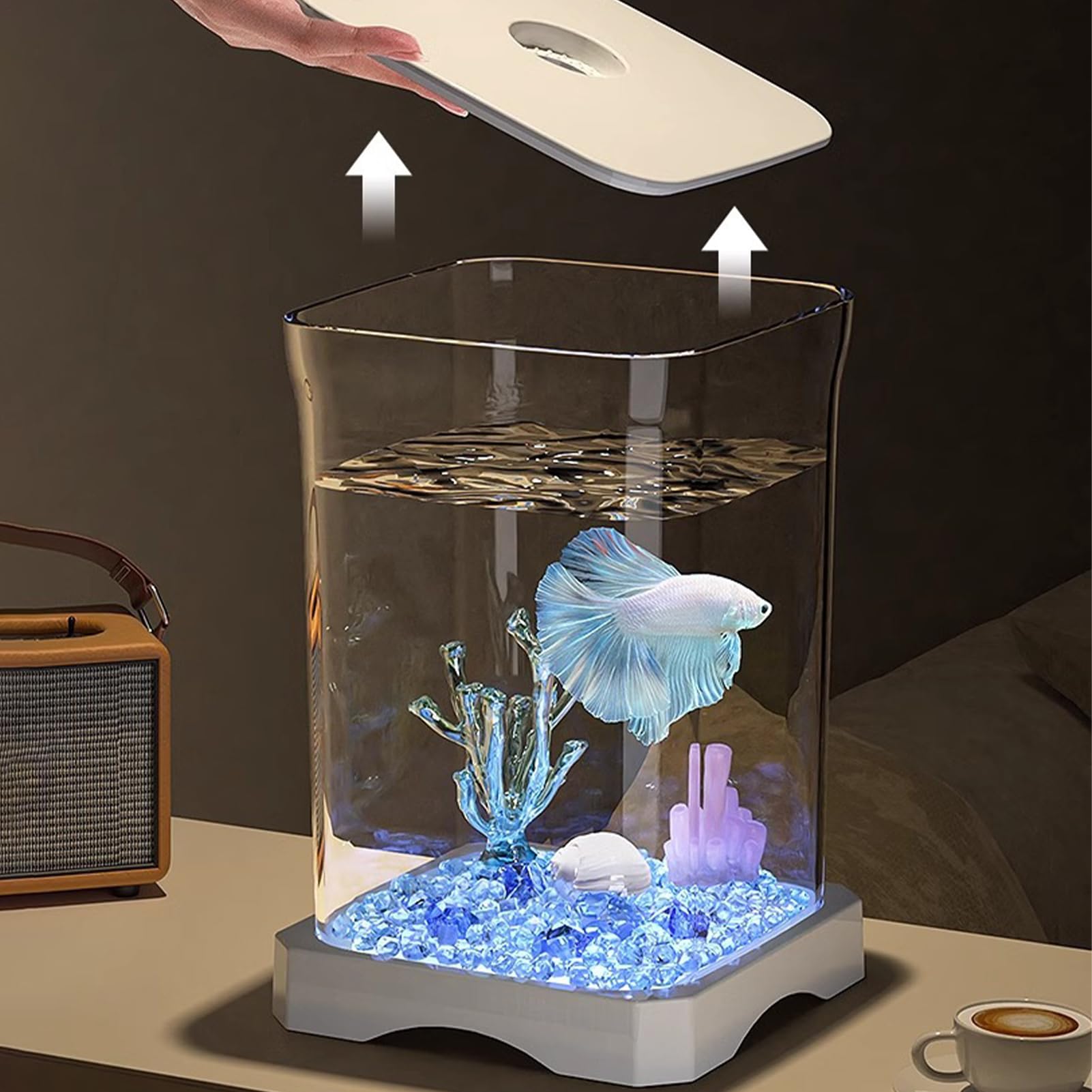 Pecera Betta pequeña: nanoacuario acrílico con iluminación Ambiental LED, Cuenco Betta de Escritorio con Orificio de alimentación para Estudio en la Oficina en casa, Kit de iniciación para — view 3