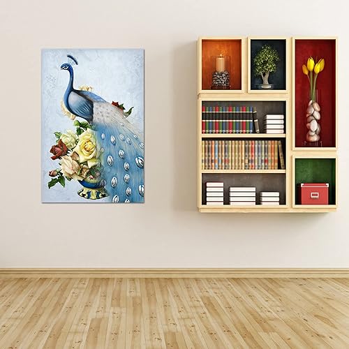 Miniatura 9 de Looife Lienzo decorativo para pared de pavo real, 16 x 32 pulgadas, pájaros verde azulado con flores, decoración de pared para decoración de DW148