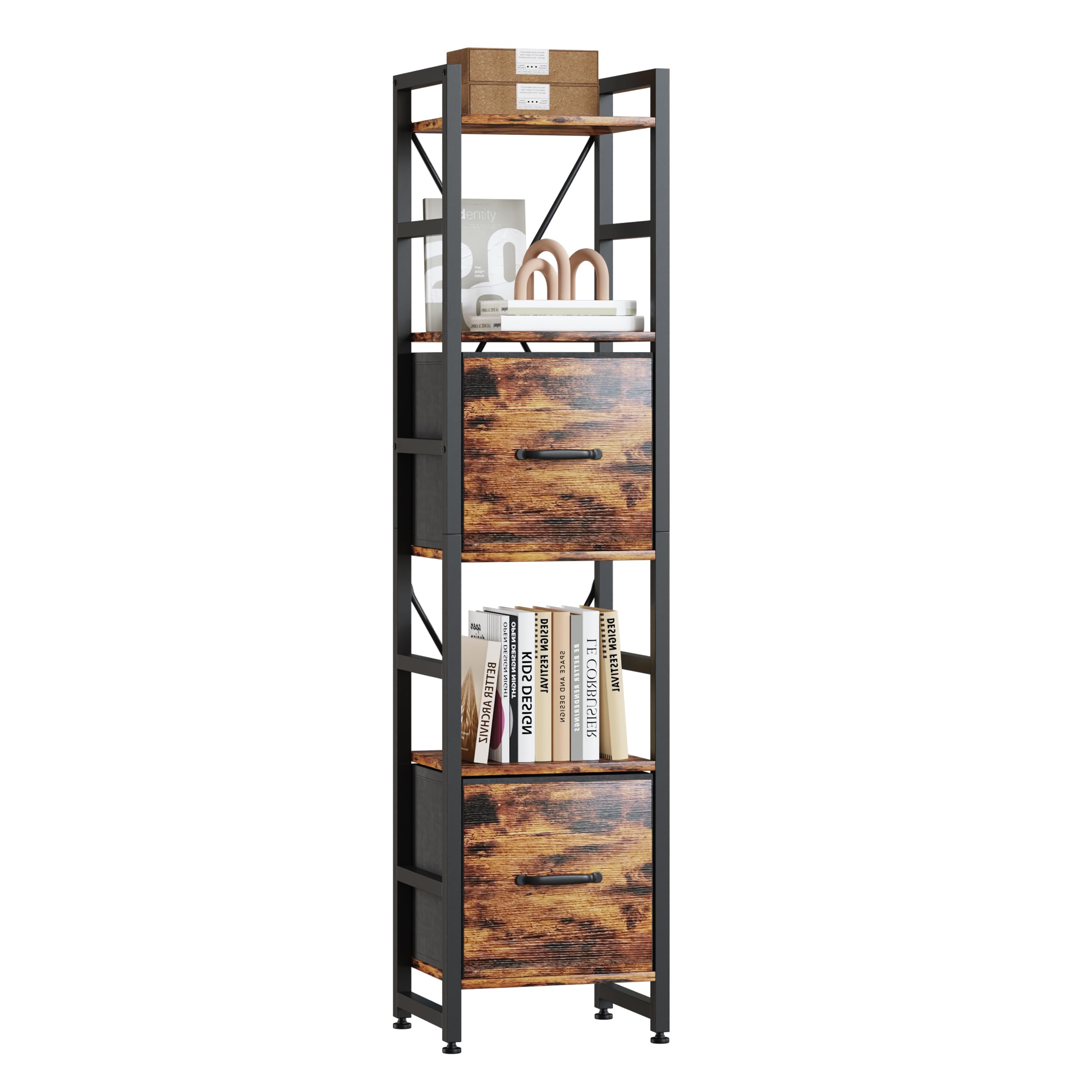 TREETALK Estantería de 5 niveles, estantería alta y estrecha con 2 cajones de tela, estantería industrial con 2 marcos en forma de X, estante de almacenamiento para sala de estar, dormitorio, oficina