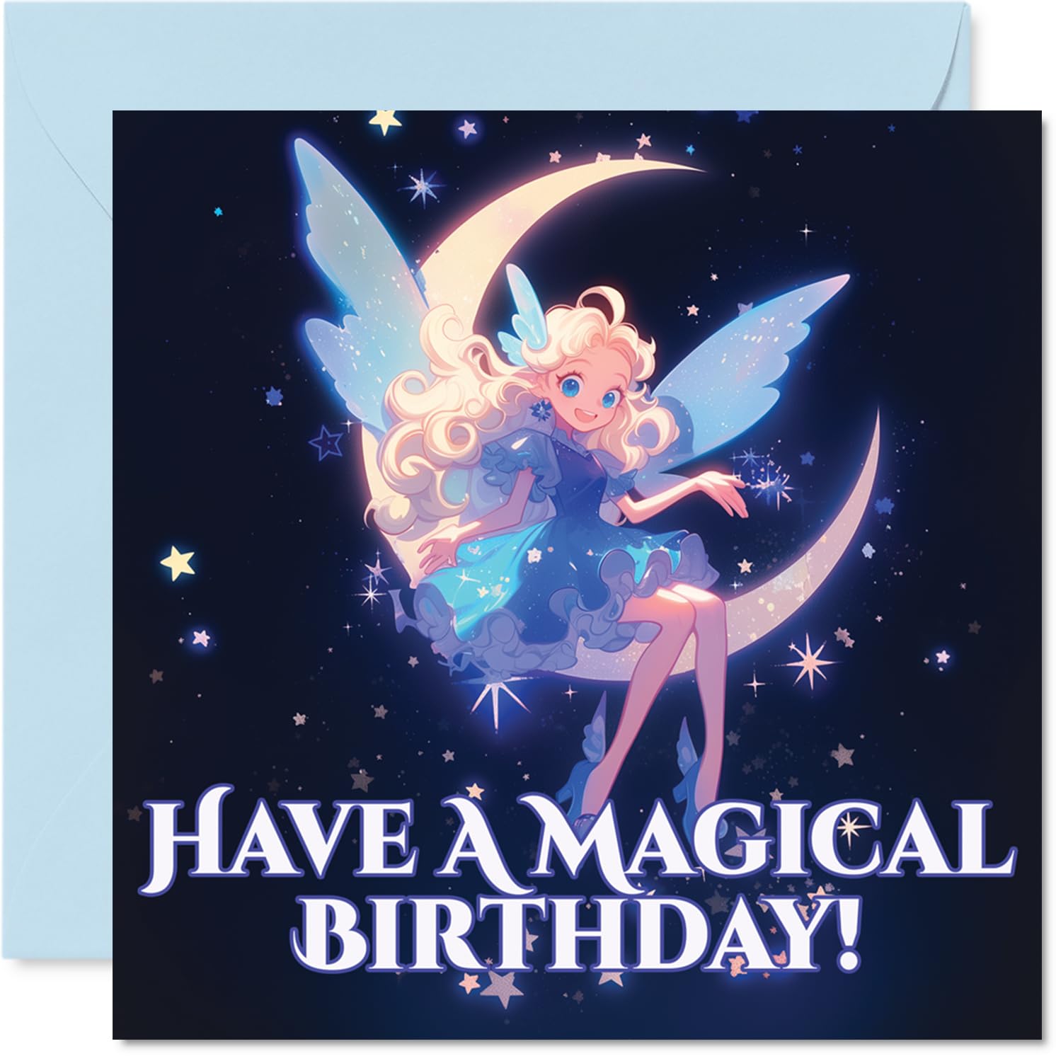 Sweet Birthday Card - Sprinkle Some Birthday Magic - Whimsical Fairy Perched on a Crescent Moon with Twinkling Stars - 145mm Square, Envelope Included