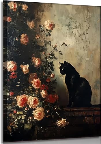 XLYFVLGF Lienzo vintage de gato negro para pared, diseño floral de gato victoriano, pintura de academia oscura para sala de estar, dormitorio, baño,