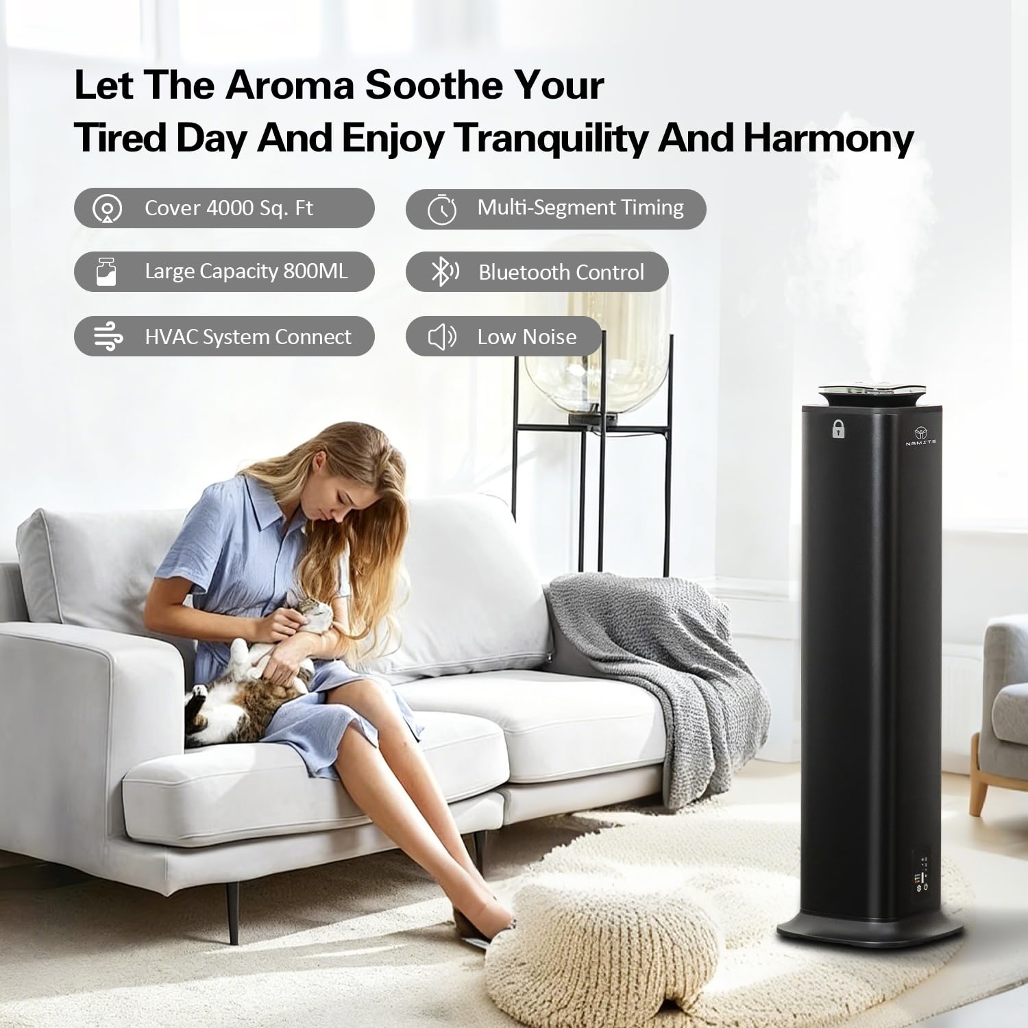 Nmaste Diffuseur d'huiles essentielles sans eau Grande tour Machine de parfum HVAC Smart Luxury Hotel Diffuseurs App & Touch Control Air froid, couverture de 800 ml, 4000 m² pour maison à deux étages