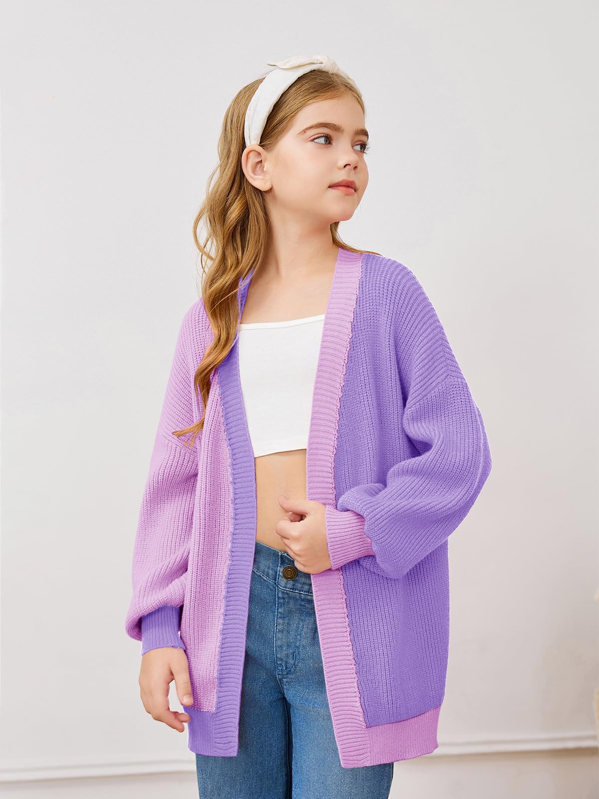 Haloumoning Cárdigan de manga murciélago de gran tamaño para niñas, a la moda, frente abierto, bloque de color, ropa exterior