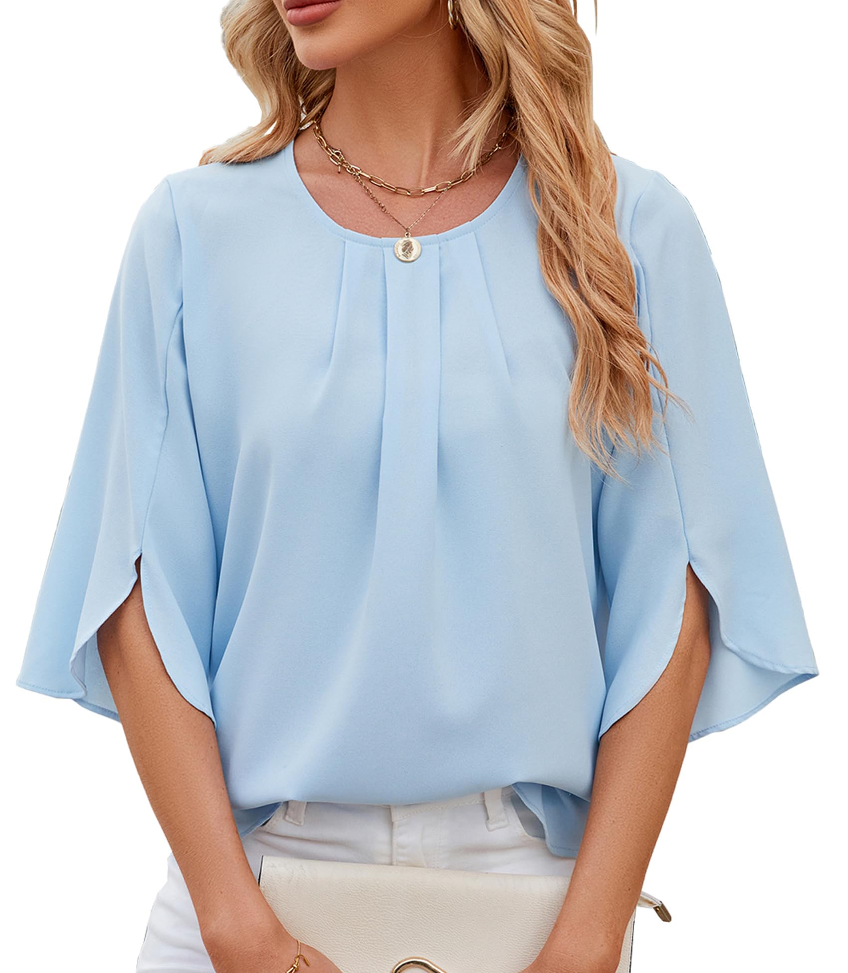 HANERDUN Blusas de Mujer Elegantes Camisa Mujer de Manga 3/4 Top Plisado con Cuello Redondo Camiseta Casual Túnica Manga Partida