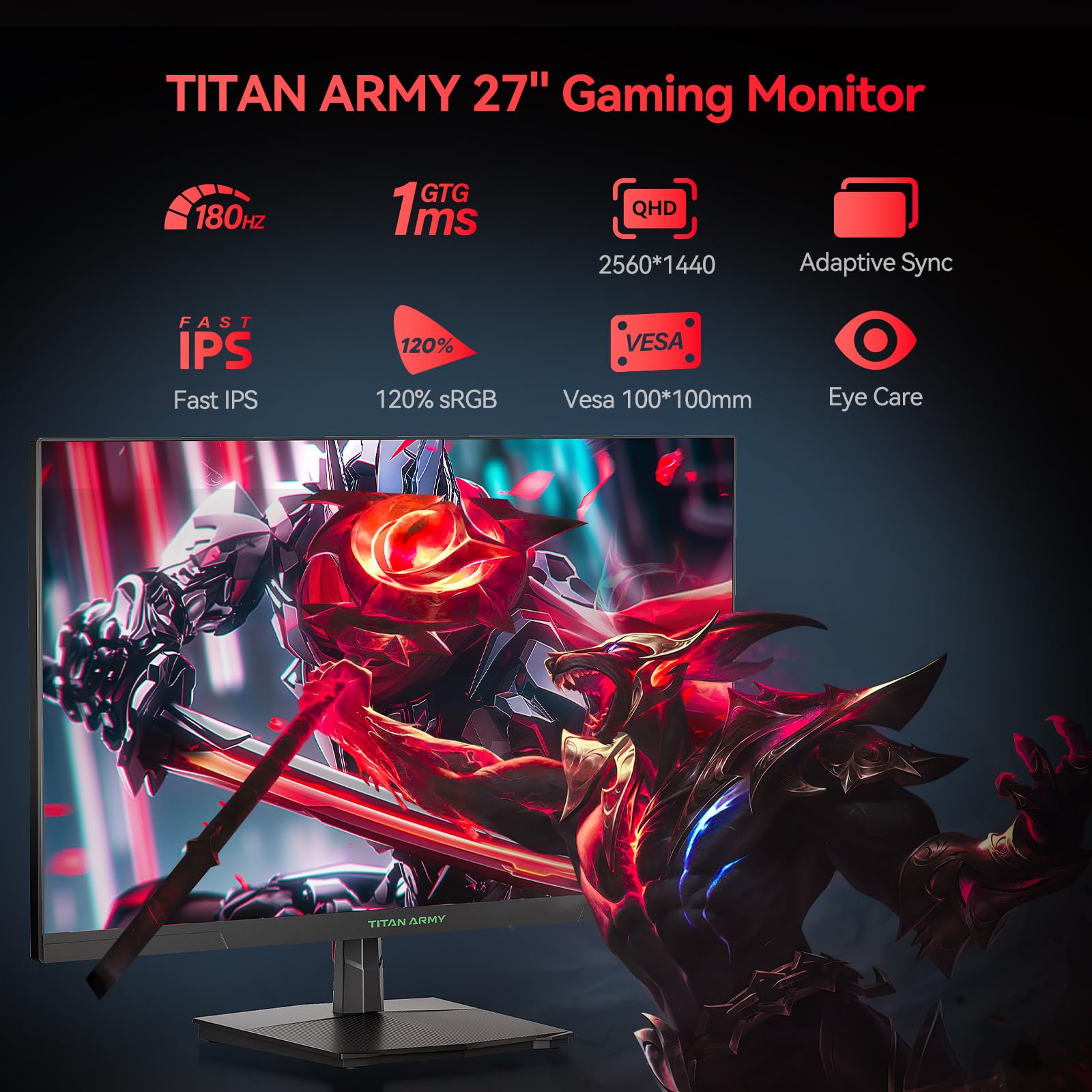 TITAN ARMY Monitor Gaming 27 Pollici, FAST IPS 180Hz, 2K QHD 2560 x 1440p 1ms GTG Verticale Schermo PC, HDR10, 120% sRGB, 144Hz FreeSync & G-sync Computer Monitor, Eye Care, VESA, DP, HDMI, P27GR