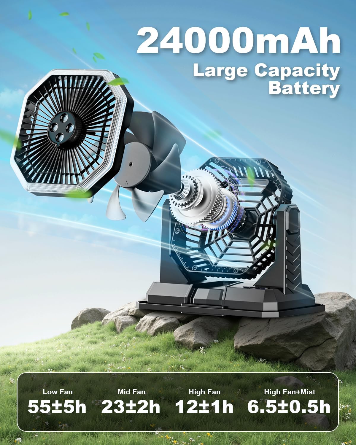 Portable Misting Fan, Rechargeable Outdoor Cooler, Battery Operated Personal Fan with3 Speeds & 8L Bucket for Patio, Camping,Hiking, Backyard, Travel, Desk,Pool, Beach, Black