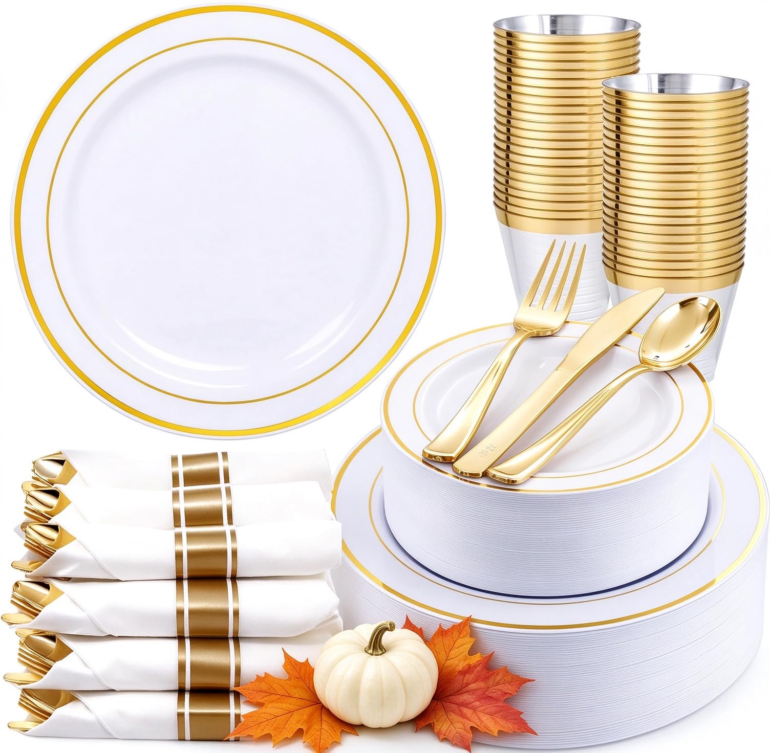350Piece Gold Dinnerware Set for 50 Guests - Gold Plastic Plates with Disposable Cutlery - 50Dinner Plates-50Dessert Plates-50Pre Rolled Napkins with Silverware for Wedding/Thanksgiving