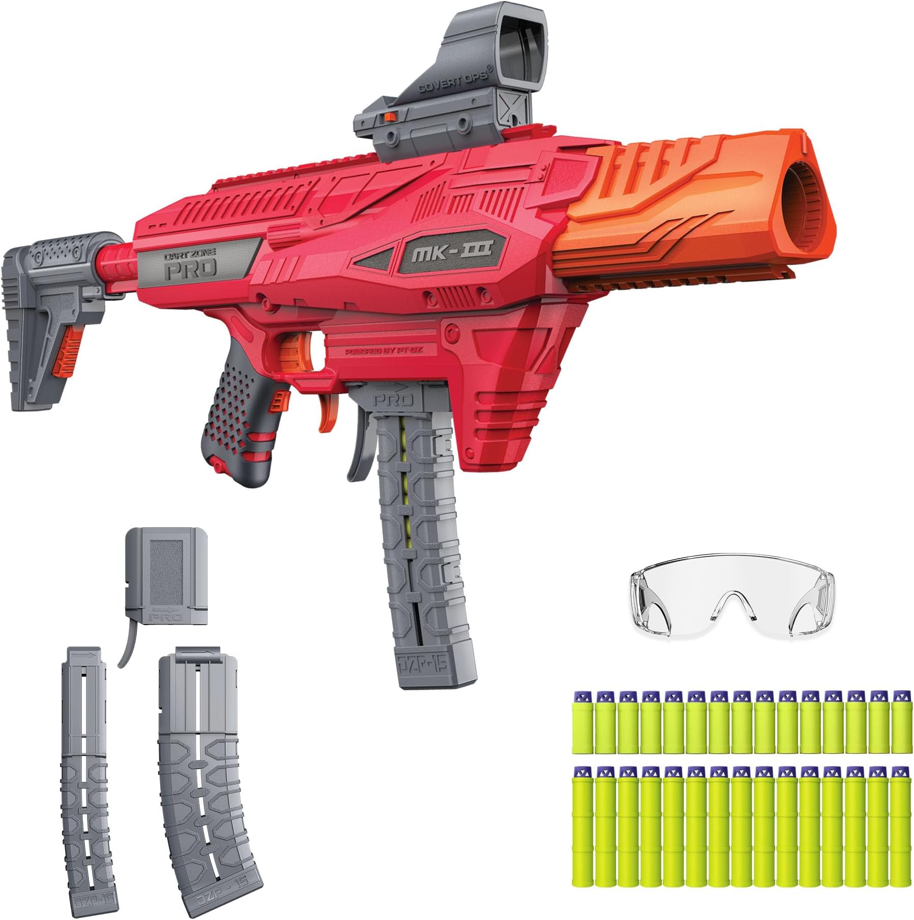 Pro-Series MK-3 Motorized 150 FPS Full Auto Blaster for Ages 14+ - 30 Soft Bullet Darts, Red Dot Sight, Mags, Stock & Eyewear - 125 ft Range