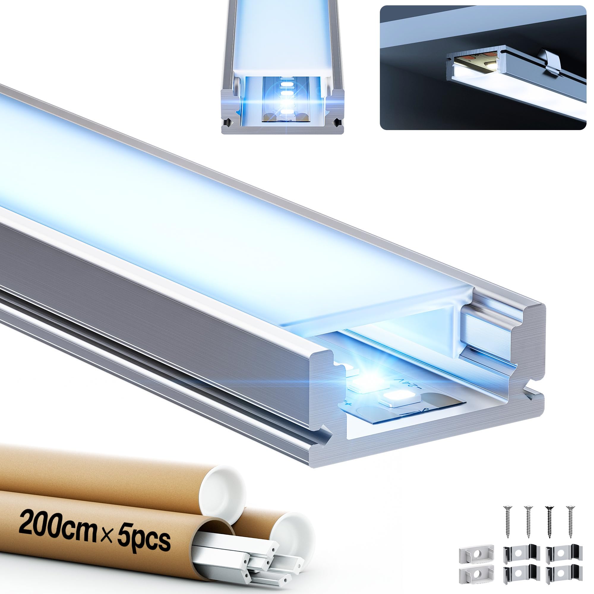 GEEKLUX 5 x Profilo LED da 2 m per Strisce LED (Totale 10 m), Profilo Alluminio 17,4 x 7 mm con Diffusore Opaco, Canale U per Striscia Led fino a 12 mm, Compatibile con Cartongesso e Soffitto