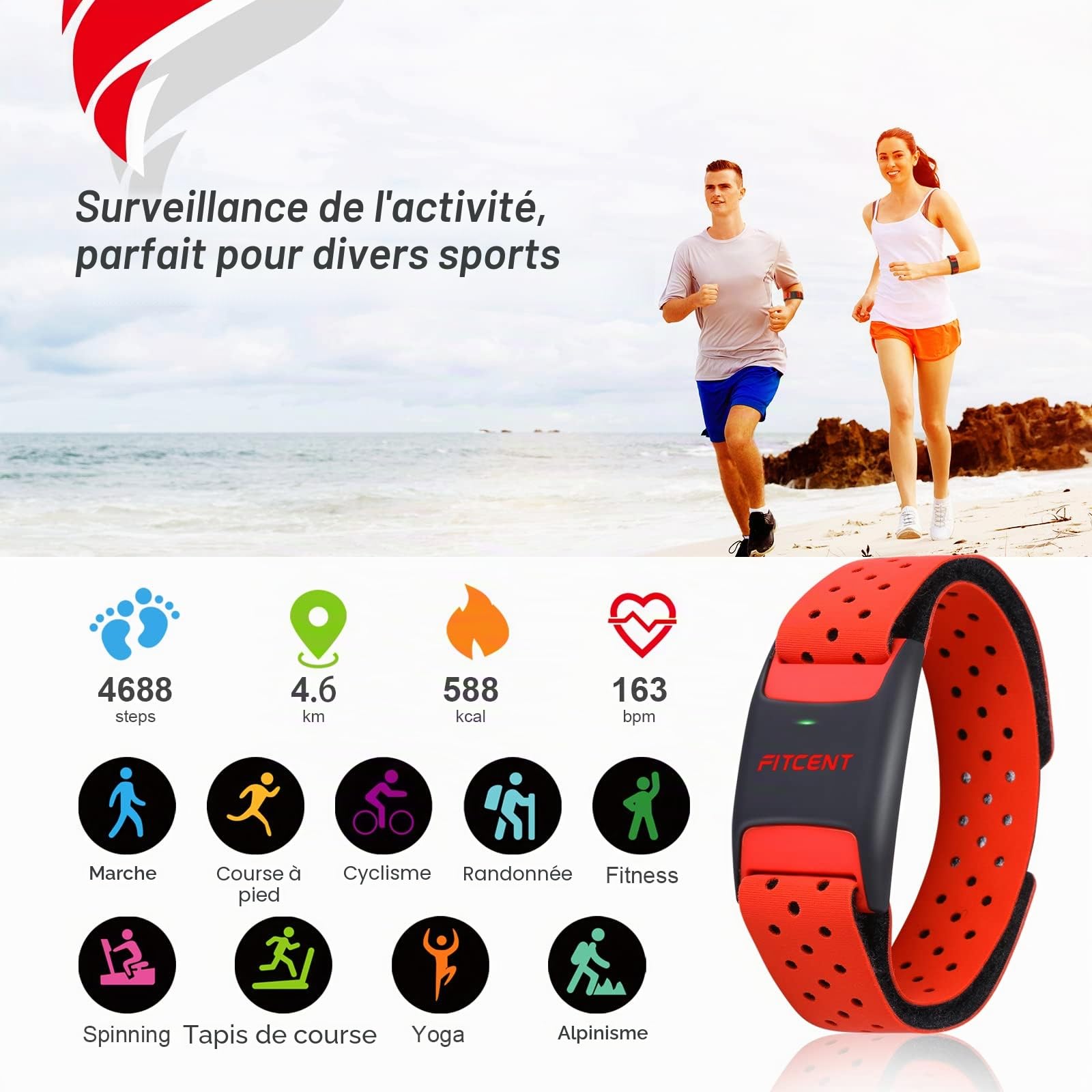 FITCENT Moniteur de Fréquence Cardiaque Brassard Bluetooth Ant+, Bande de Cardiofréquencemètre Capteur Bracelet Compatible avec Wahoo Garmin Strava Peloton Zwift