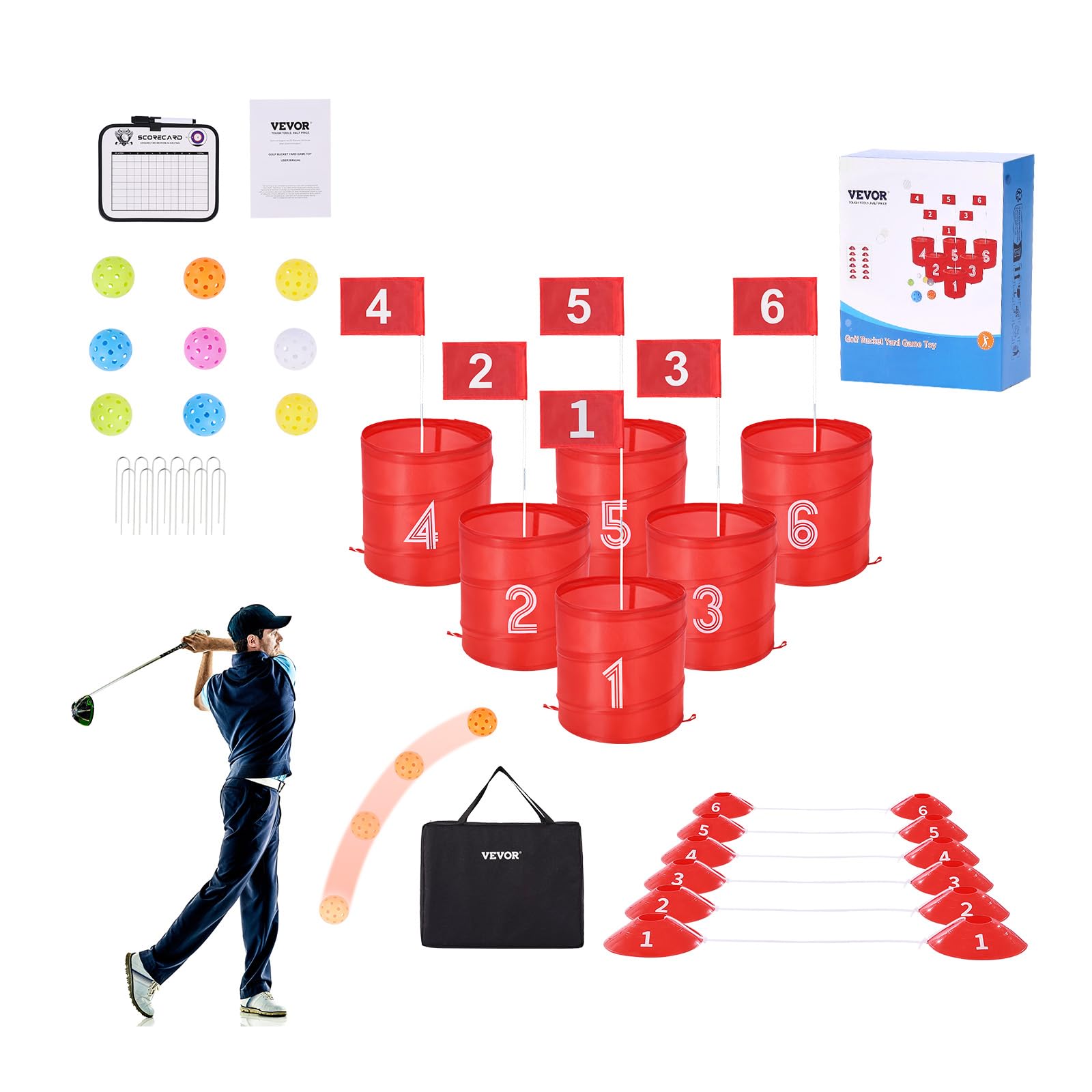 VEVOR Juego de Golf para Patio Campo de Golf de 6 Hoyos Juego de Práctica de Golf con Baldes Juego de Golf para Familias Juego de Golf Portátil para Exteriores para Césped, Patio, Campamento