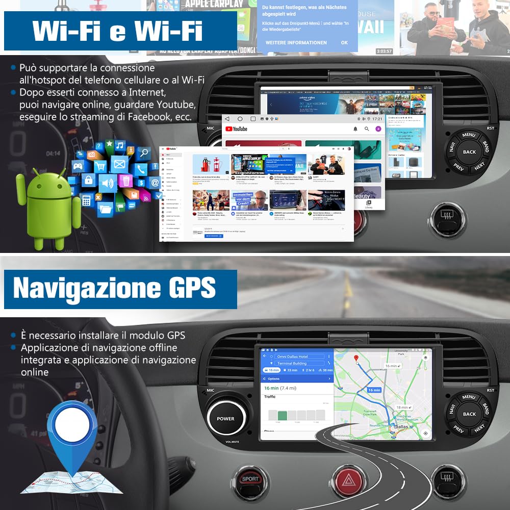 AWESAFE Android 13 Autoradio per FIAT 500 (2007-2015) lo stereo 7 pollici 1 din (4GB＋64GB) Supporto CarPlay Android Auto GPS WIFI Bluetooth MirrorLink (Nero)