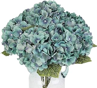Blooming Paradise Artificial Fake Flowers Plants Silk Hydrangea Arrangements Wedding Bouquets Decorations Plastic Floral Home Kitchen Garden Party Festival Bar DIY (Acid Blueï¼Œ5Flower Heads)
