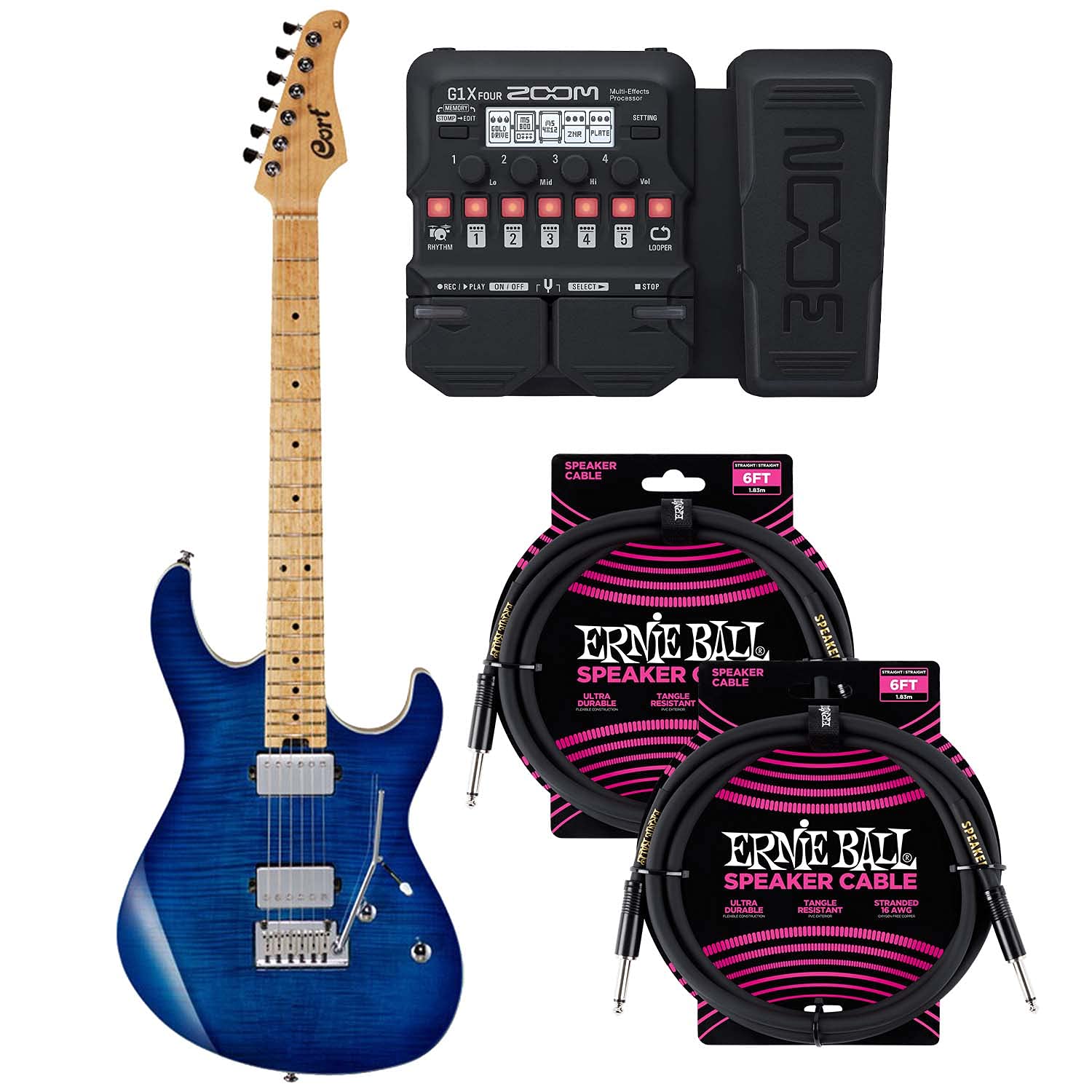 Clutch Cort G290 Fat Electric Guitar – Bright Blue Burst, Zoom G1X Four, (2) ErnieBall Cables Bundle