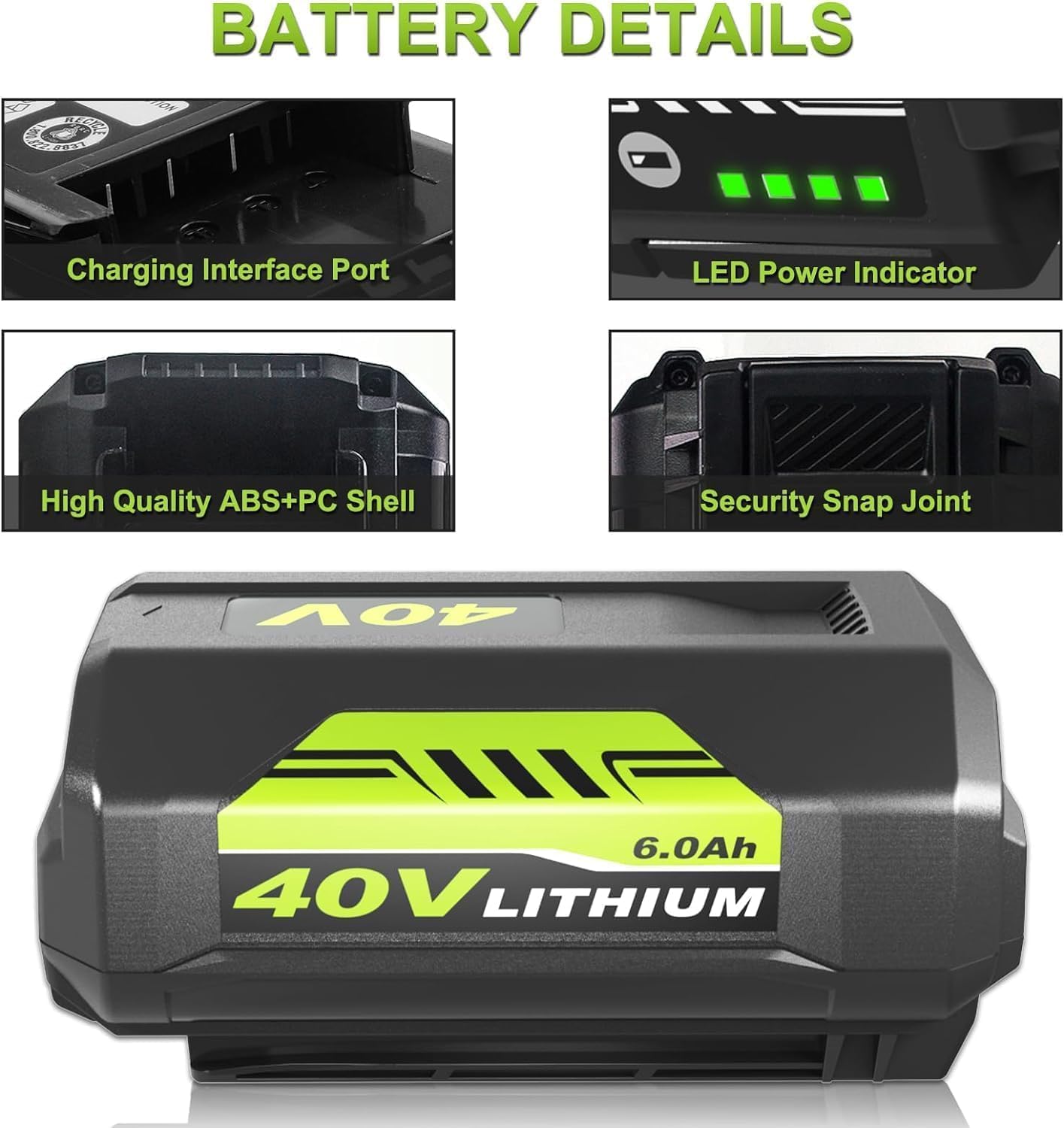 Enermall 1Pack 6.0Ah Replacement for Ryobi 40V Battery Lithium Ion and OP401 Charger Compatible with Ryobi 40 Volt Battery OP4026 OP4050A OP4040 OP4030 Replacement for 40V OP401 Charger (Green)