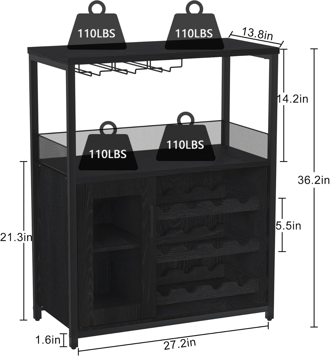 Wine Bar Cabinet with Detachable Wine Rack, Coffee Bar Cabinet with Glass Holders, Adjustable Shelves, and Mesh Door, Small Sideboard Cabinet for Kitchen, Living Room, Bar