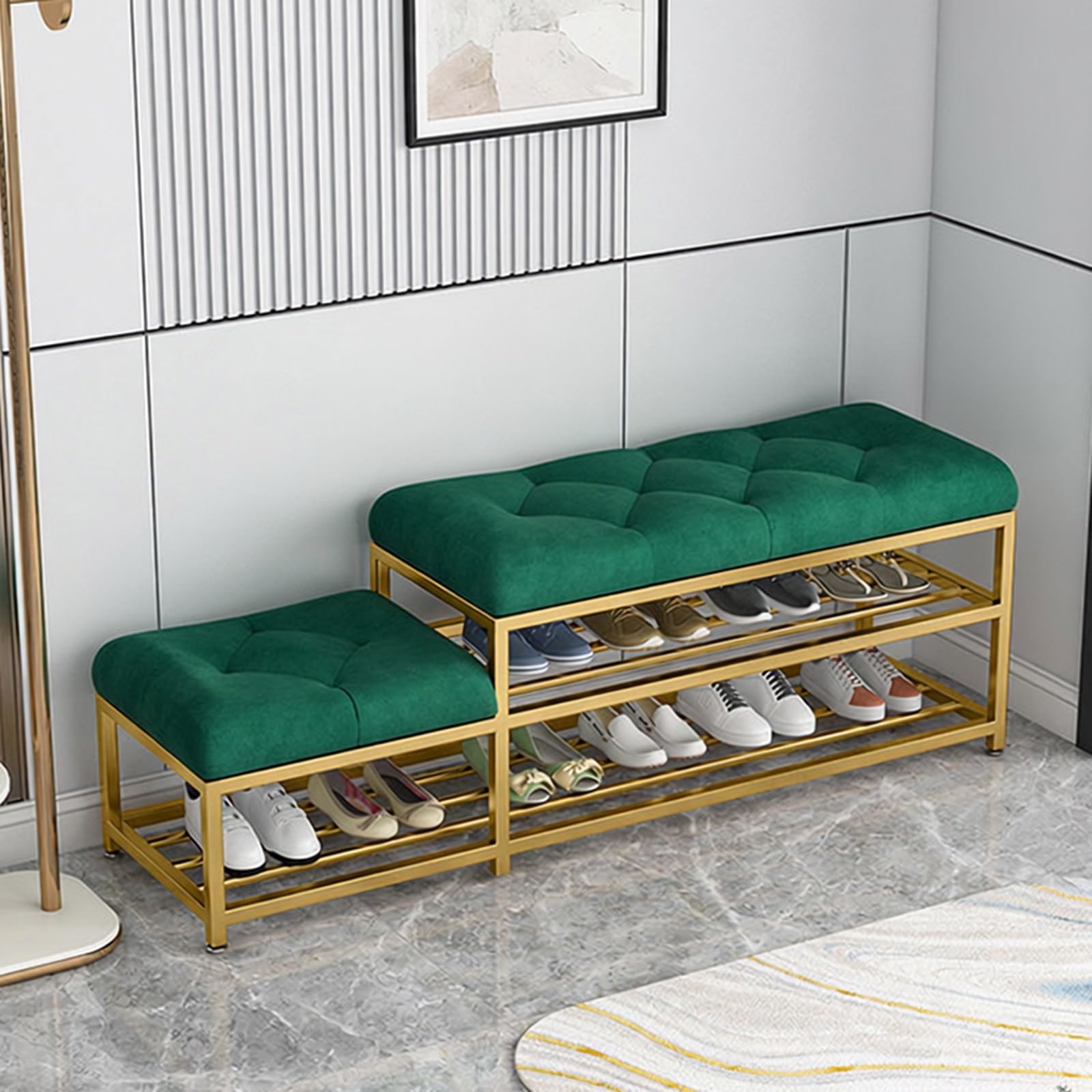 Banc de rangement à chaussures doré en similicuir chic