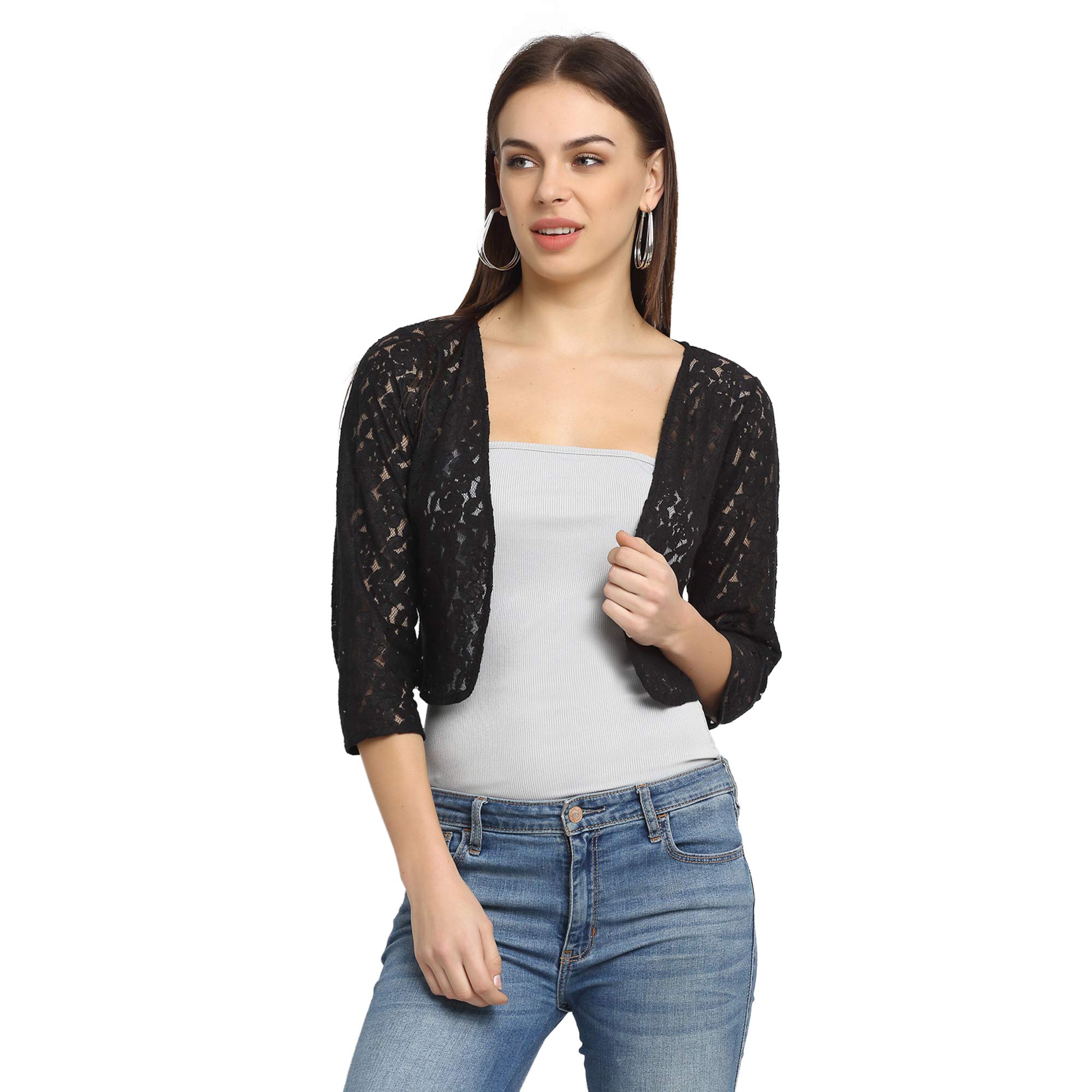 Women Black Self Design Slim Fit Lace Shrug-image-44