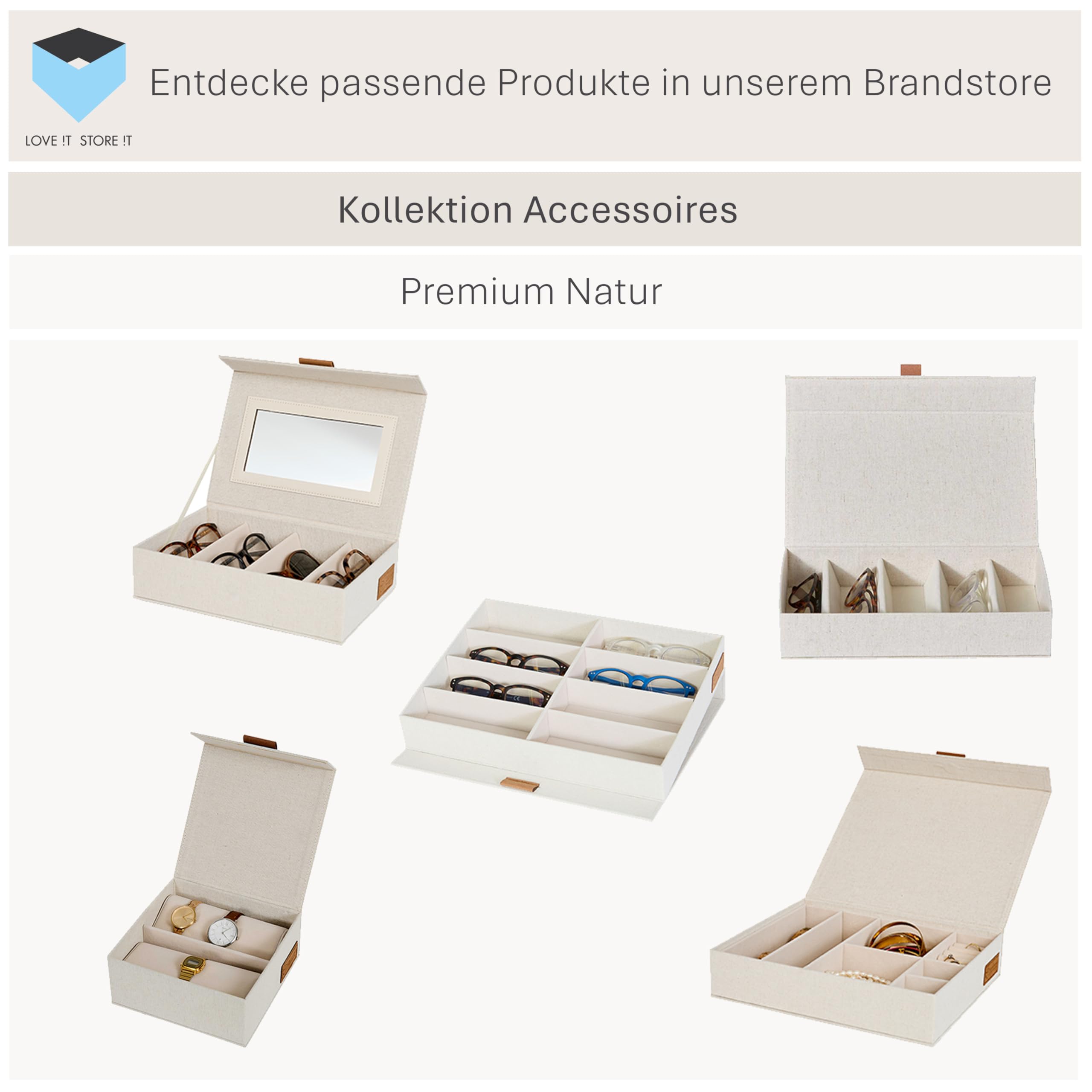 LOVE IT STORE IT Premium Brillenbox für 8 Sonnenbrillen - Aus Leinen Stoff - Brillenaufbewahrung mehrere Brillen - Verstärkt mit Holz - Beige - 32x25x5,5 cm