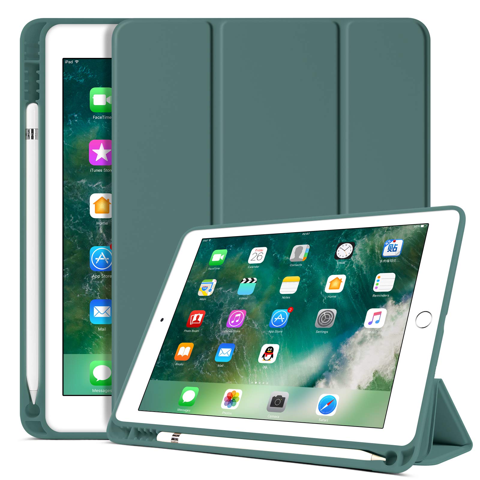 BENTOBENiPad 6th Generation Case, iPad 5th Generation Case with Pencil Holder, Premium Folio Folding Stand Smart Auto Wake/Sleep Protective Tablet Case for Apple iPad 9.7" 2018/2017,Midnight Green