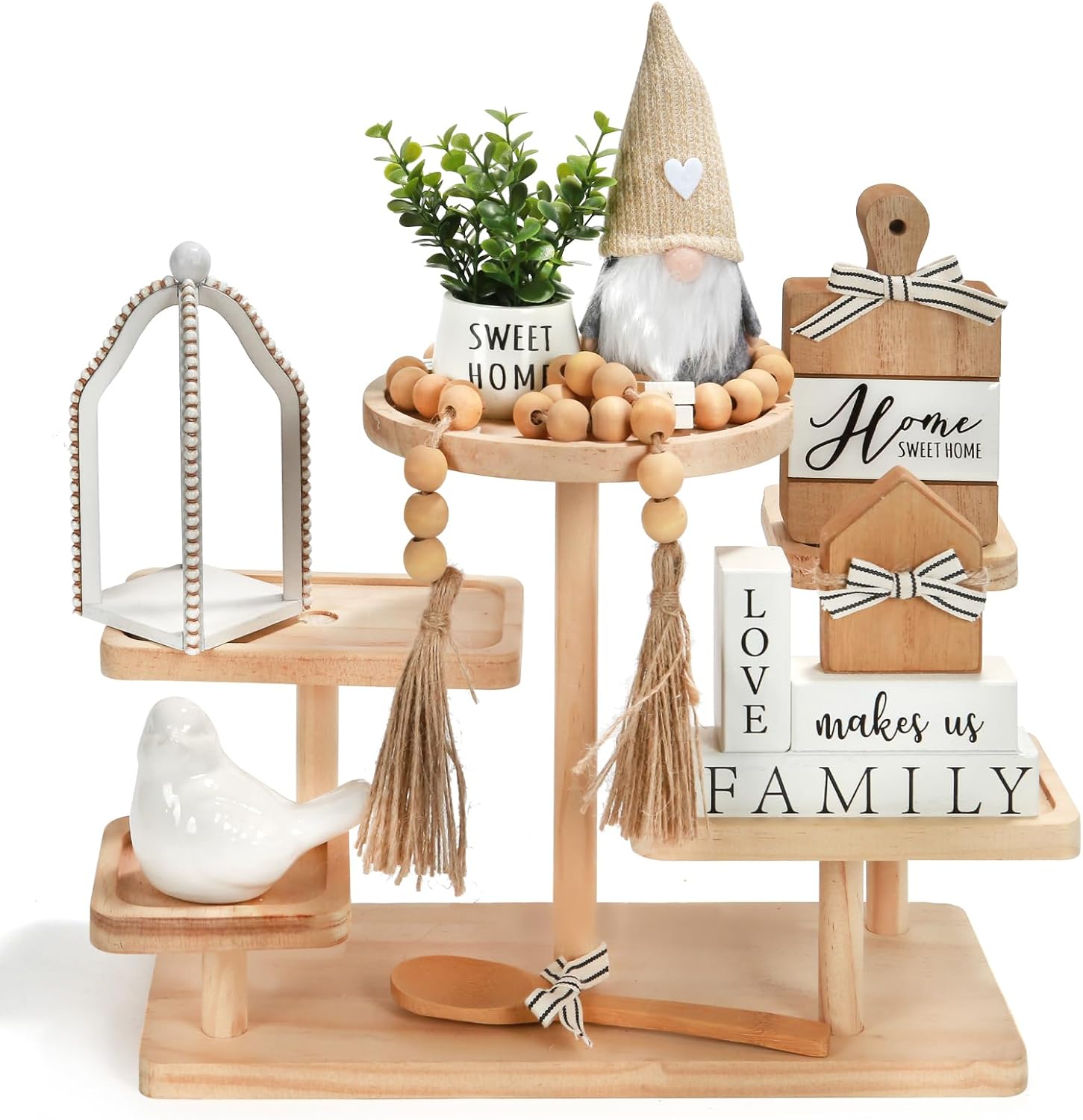 Modern Farmhouse Tiered Tray Decor Set, 8 PCS Rustic Wooden 3D Signs Home Tabletop Decorations, Decorative Plaques for Coffee Bar Home Kitchen Shelf Mantel Fireplace Table Centerpiece