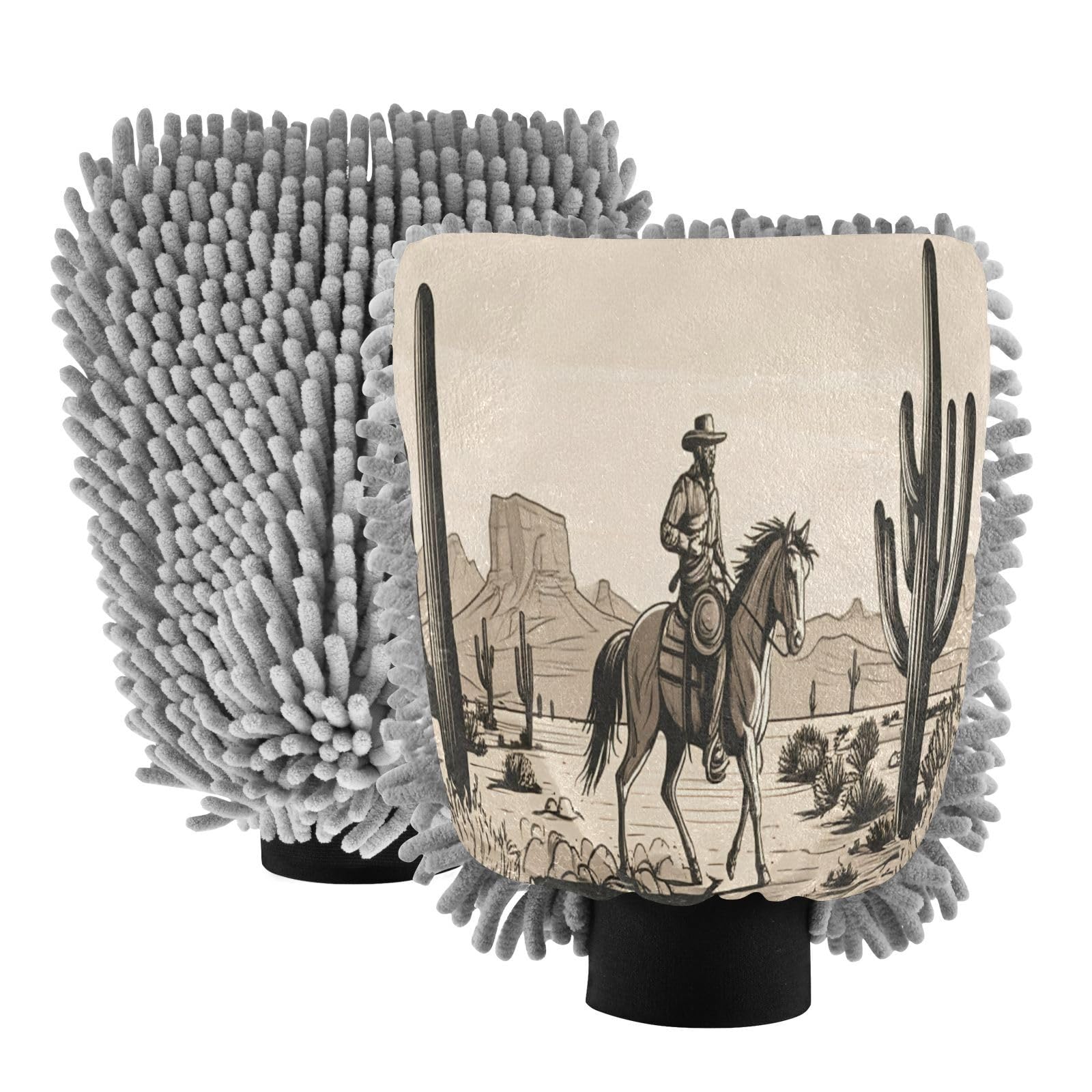 Kigai Western Cowboy Crossing The Desert Car Wash Mitt Microfiber, 2Pcs Scratch Free Lint-Free, Premium Chenille Microfiber Mitt Car Wash Brush-L