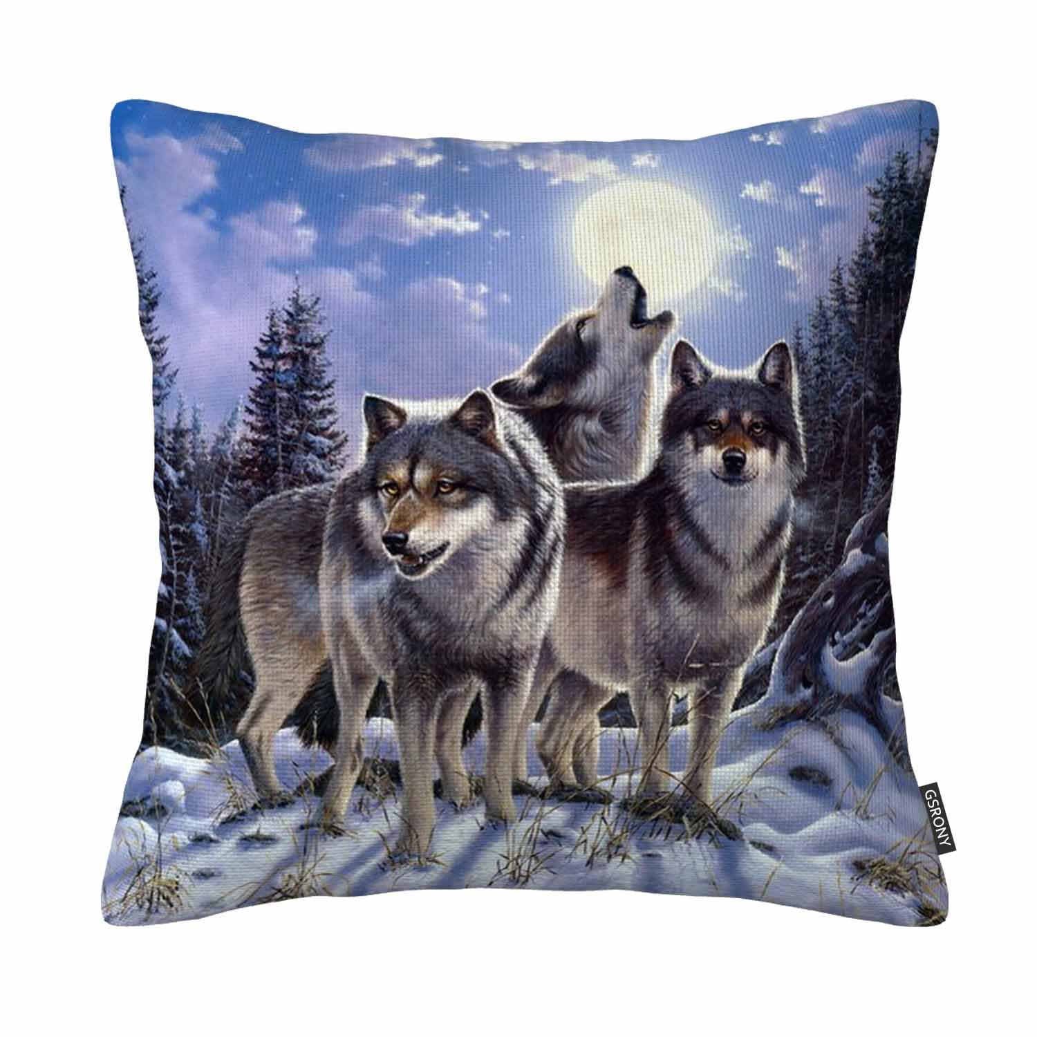Gsrony White Wolves Pillow Cover, Wild Wolf In Winter Forest With Full Moon Pillow Cases 18X18 Inches Cotton Linen(Twin Sides)