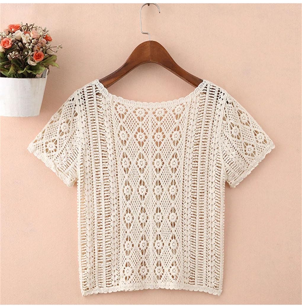 Top da donna in tinta unita all'uncinetto a maniche corte con bottoni cardigan da donna camicie da vacanza