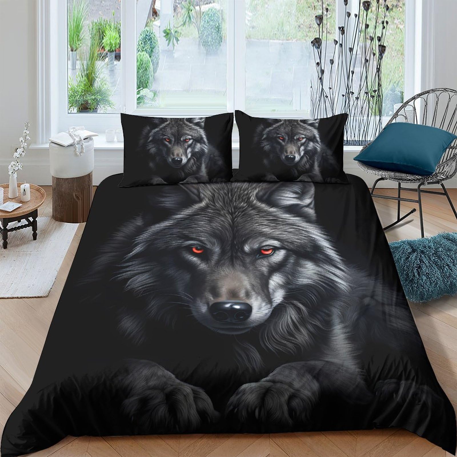 Ctjqhvkz Style-9 3D Printed Black Wolf Fitted Sheet Microfiber Soft Bedroom Decor Red Eyes Mattress Cover For Home Guest Room Single（135X200cm）